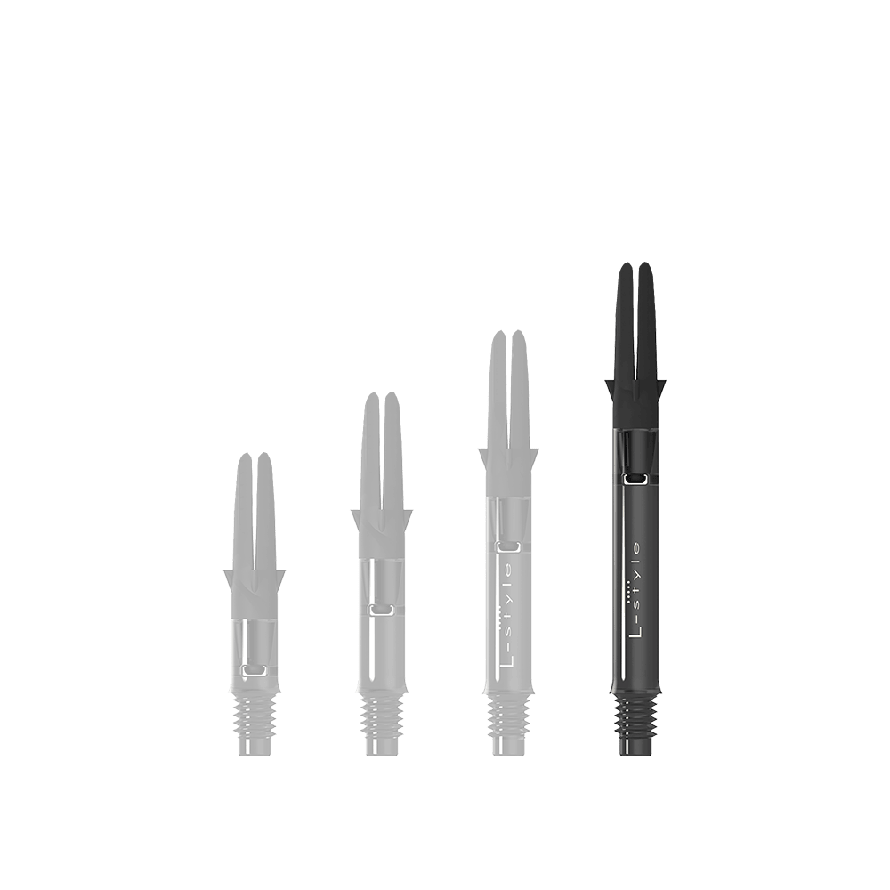 L-Style L-Shaft Carbon Silent Straight - Schwarz 330 Auf dem Bild sind drei schwarze Dartschäfte aus Carbon in unterschiedlichen Längen zu sehen. Sie stehen aufrecht nebeneinander auf weißem Hintergrund.