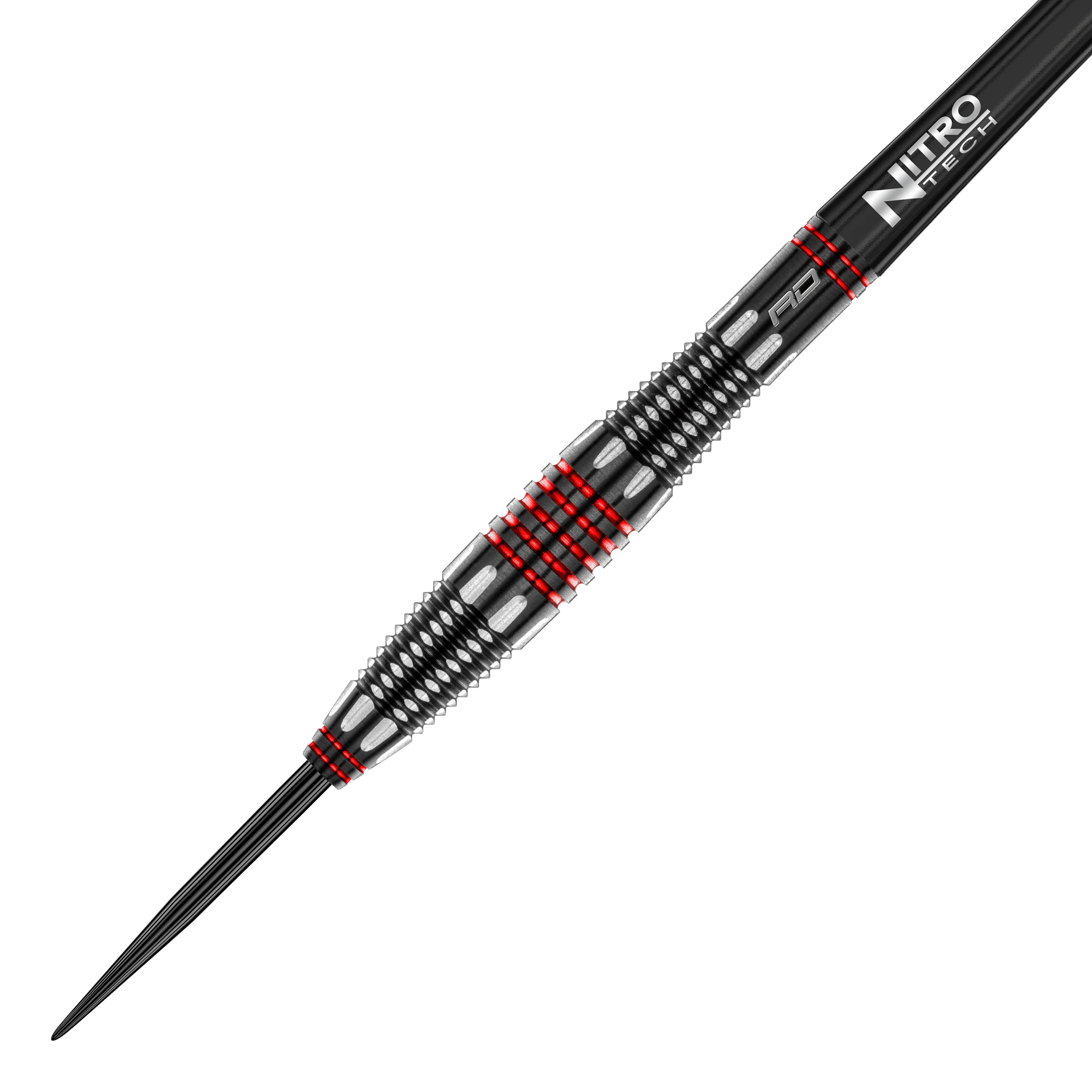Das Bild zeigt einen Red Dragon Marlin Venom Steeldart. Der Dart ist schwarz-silbern mit roten Akzenten und hat eine strukturierte Griffzone.