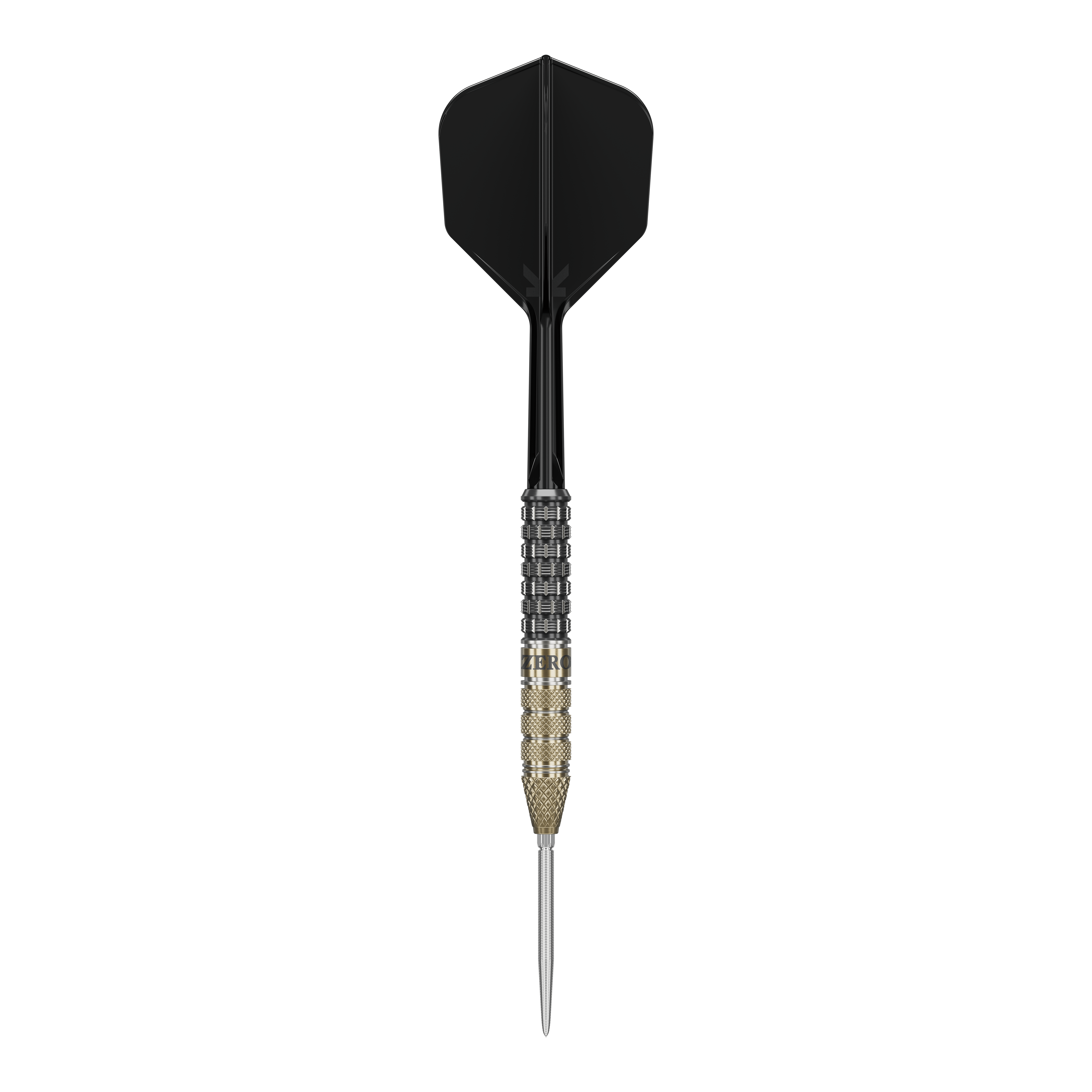 Das Bild zeigt einen Target Japan Black Marque Reyn Swiss Point Steeldart. Der Dart hat einen schwarzen Flight, einen gemusterten Griff und eine silberne Spitze.