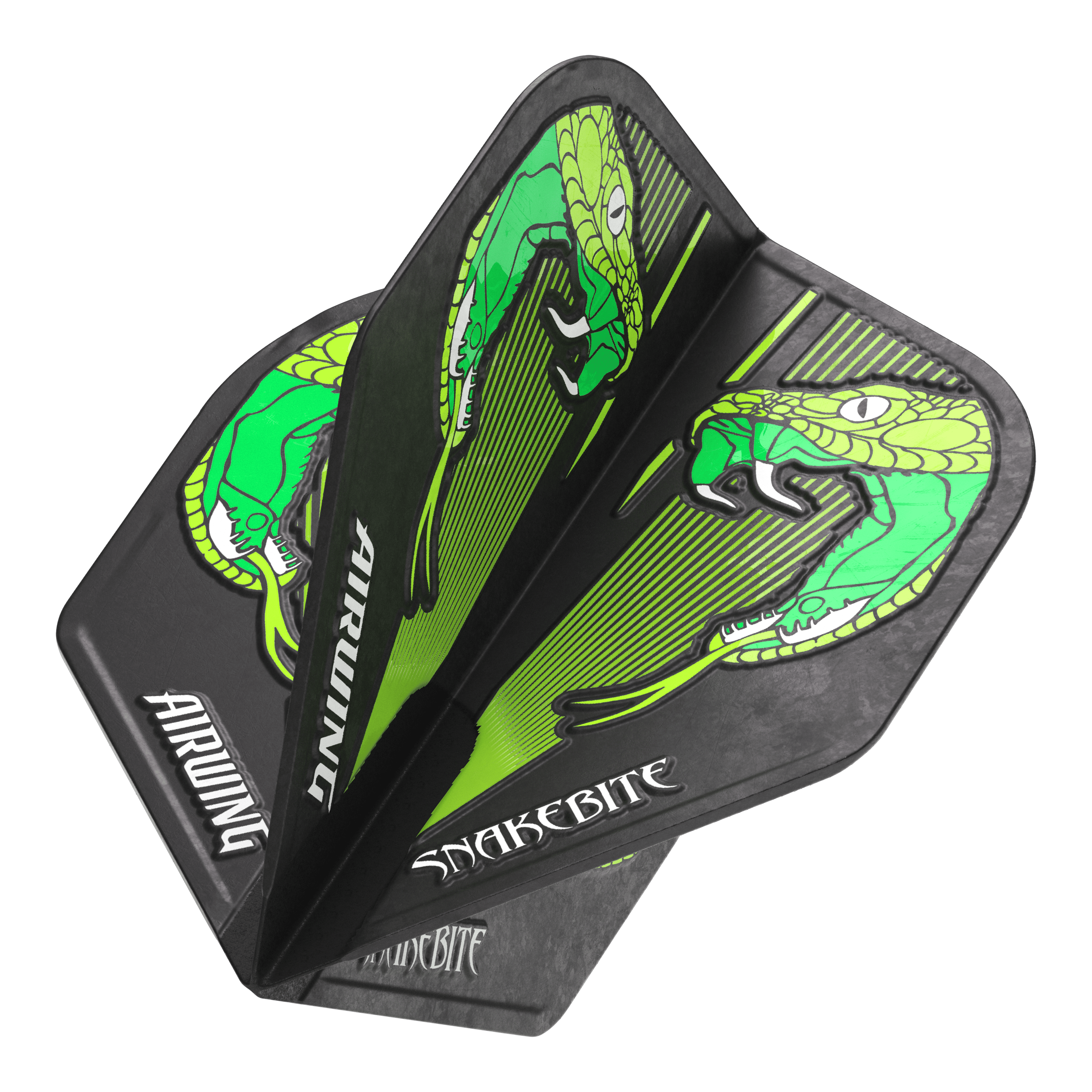 Das Bild zeigt die Red Dragon Airwing Peter Wright Green Standard Flights für Darts. Die Flights sind schwarz mit einem auffälligen grünen Schlangenmuster und den Aufschriften "AIRWING" und "SNAKEBITE."