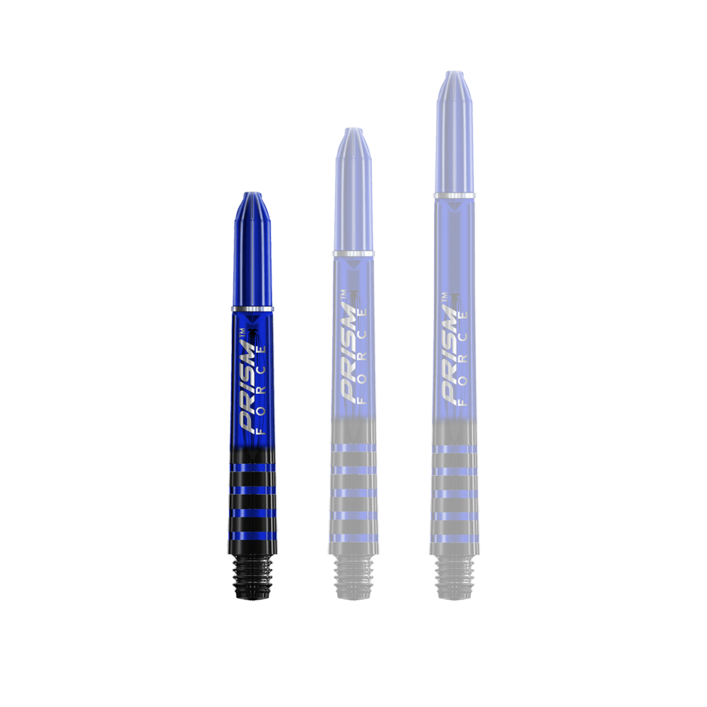 7020-103_Winmau_Prism_Force_Shafts_Blau_35mm_1MuovfRJMI7qwI Auf dem Bild sind drei blaue Dartschäfte in verschiedenen Längen zu sehen. Sie tragen die Aufschrift "Prism Force" und haben schwarze Ringe am unteren Ende.