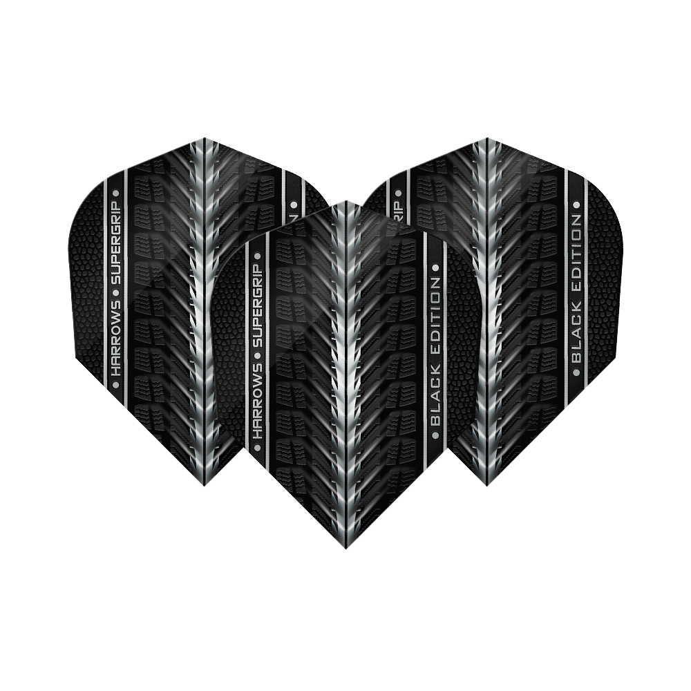 Das Bild zeigt die "Harrows Supergrip Black-Edition No6 Flights" in einem schwarzen Design mit silbernen Akzenten. Die Flights haben eine strukturierte Oberfläche und den Schriftzug "Harrows Supergrip Black Edition".