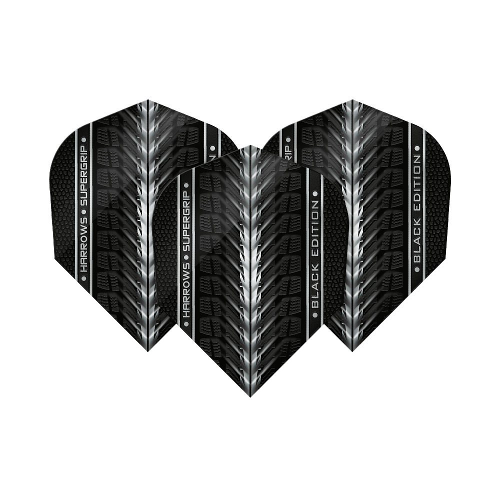 Harrows Supergrip Black-Edition No6 Flights Das Bild zeigt die "Harrows Supergrip Black-Edition No6 Flights" in einem schwarzen Design mit silbernen Akzenten. Die Flights haben eine strukturierte Oberfläche und den Schriftzug "Harrows Supergrip Black Edition".