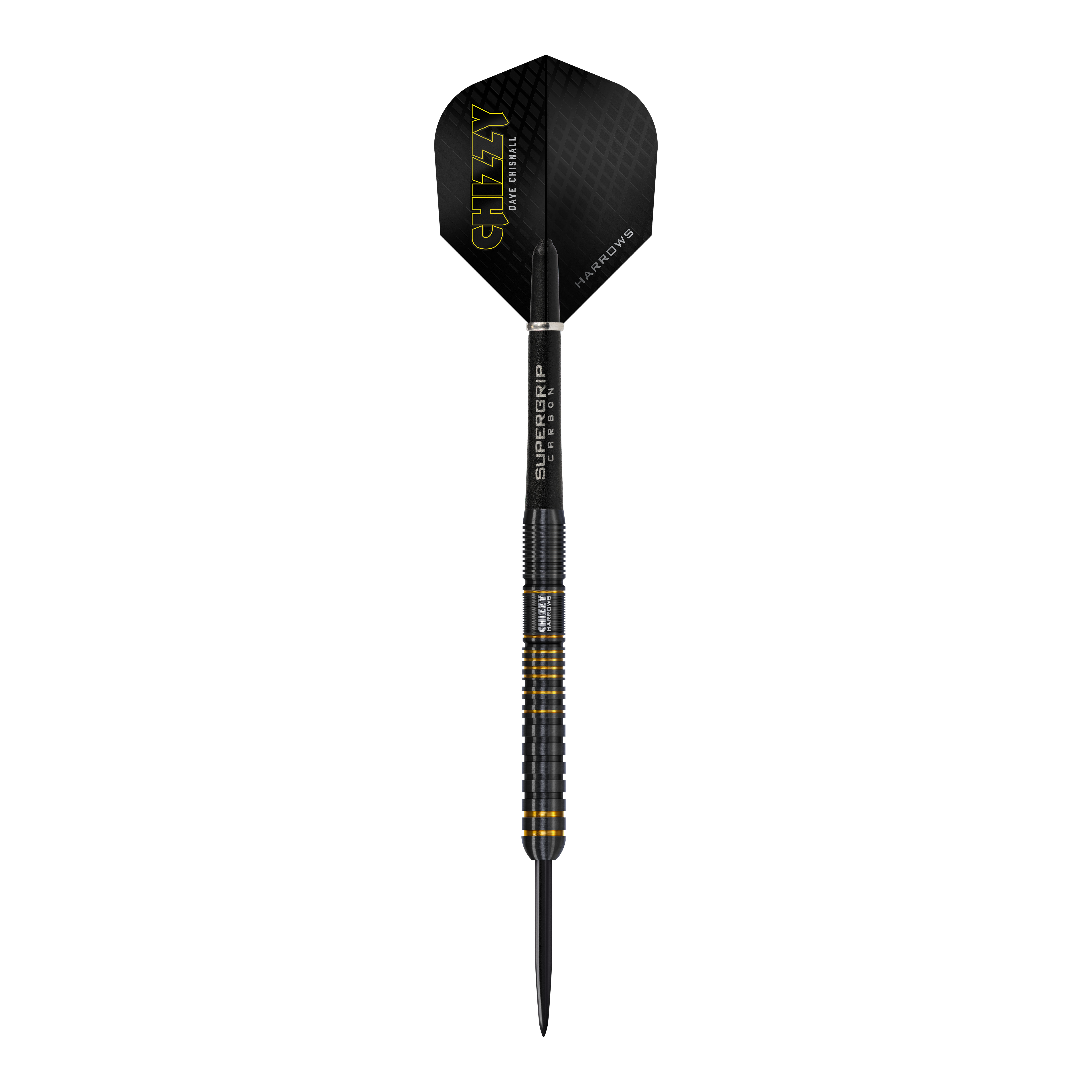 Harrows Dave Chisnall Chizzy Series 3 Steeldarts Das Bild zeigt den Harrows Dave Chisnall Chizzy Series 3 Steeldart. Der Dart ist schwarz mit gelben Akzenten und hat den Schriftzug "CHIZZY" auf dem Flight.