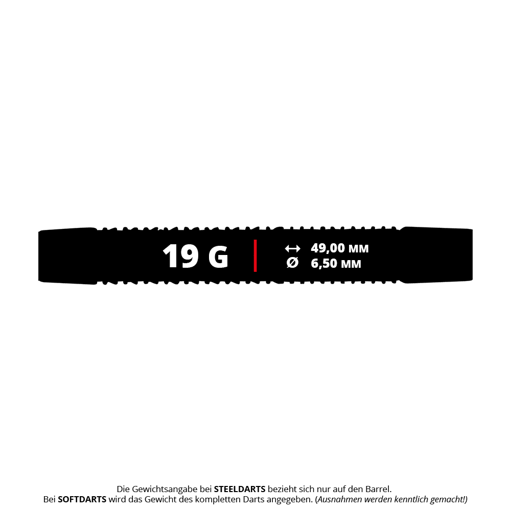 Unicorn Core XL Striker Style 1 Softdarts - 19g Das Bild zeigt die Maße und das Gewicht des Produkts "Unicorn Core XL Striker Style 1 Softdarts - 19g". Der Dart wiegt 19 Gramm, ist 49,00 mm lang und hat einen Durchmesser von 6,50 mm.
