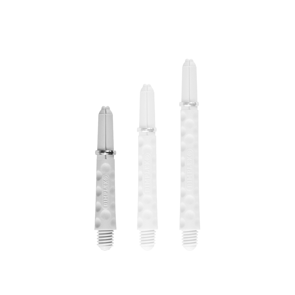 Harrows Dimplex Shafts - Weiß Das Bild zeigt drei weiße Dartschäfte in unterschiedlichen Längen. Sie haben eine strukturierte Oberfläche und einen Schraubgewinde am unteren Ende.