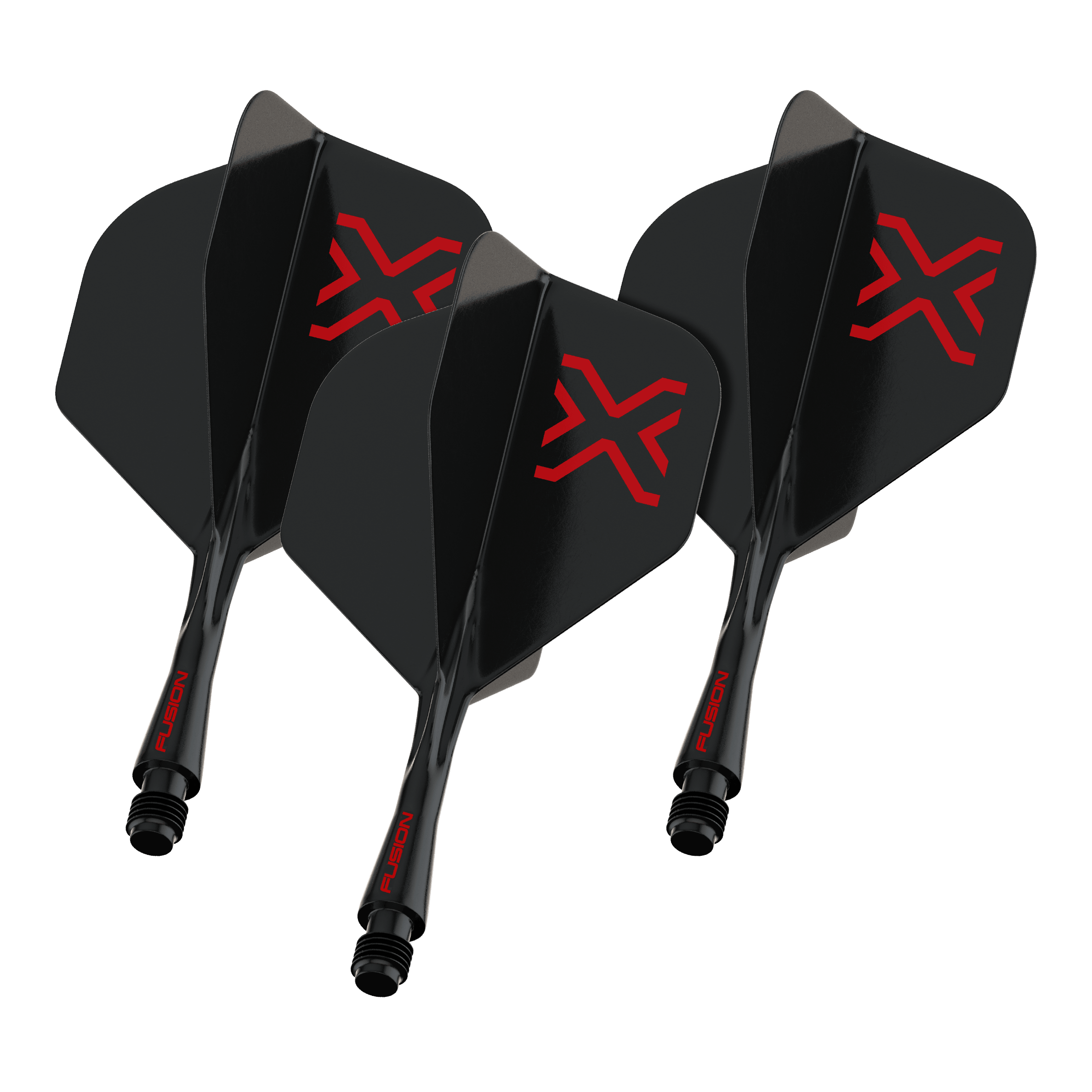 Winmau Fusion Blade X No2 Standard Flight-Shaft-System - Schwarz Das Foto zeigt einen Artikel namens 8863_Winmau_Fusion_Blade_X_No2_Standard_Flights_Schwarz_22mm_1Set. Vermutlich handelt es sich um ein Set schwarzer Dart-Flights der Größe 22mm.