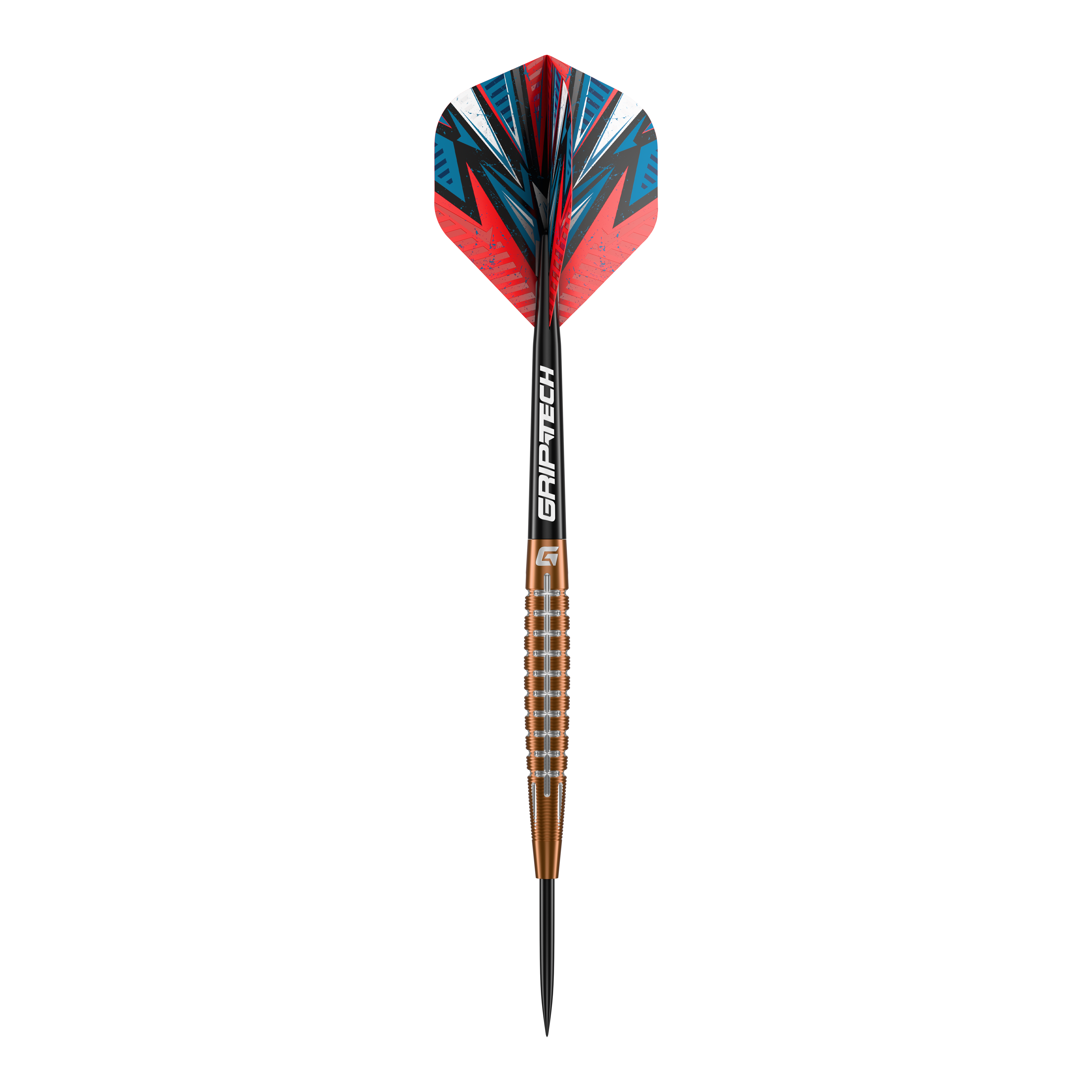 GOAT Quarterback V1 Tungsten Steeldarts Das Bild zeigt einen GOAT Quarterback V1 Tungsten Steeldart mit auffälligen roten und blauen Flights. Der Dart hat einen geriffelten, bronzefarbenen Schaft und eine schwarze Spitze.