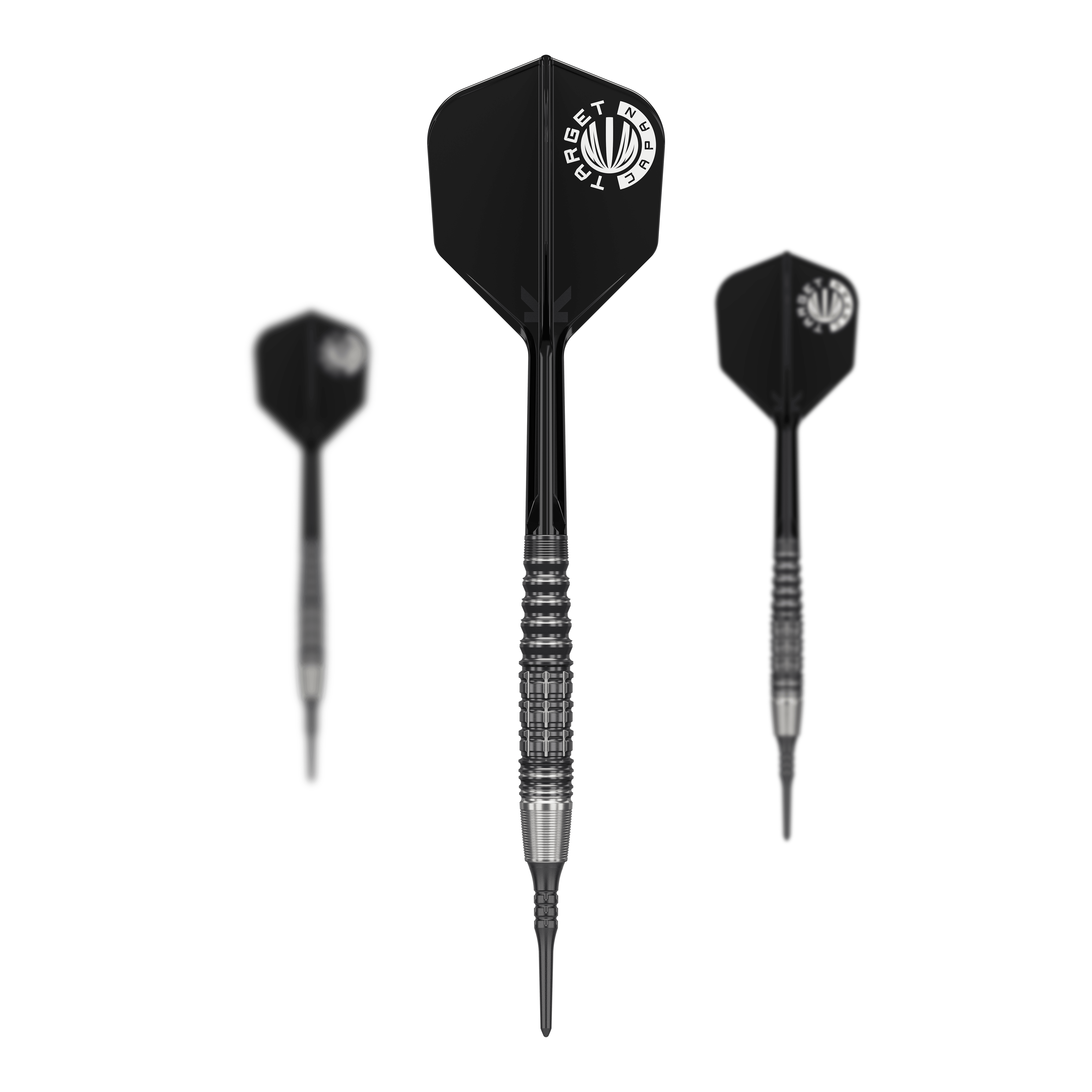 Das Bild zeigt drei schwarze Softdarts der Serie "Target Japan Prime Series Harold Ching GEN1 Zenith MAX" mit 21g Gewicht. Die Darts haben silberne Details am Griff und schwarze Flights mit weißem Logo.