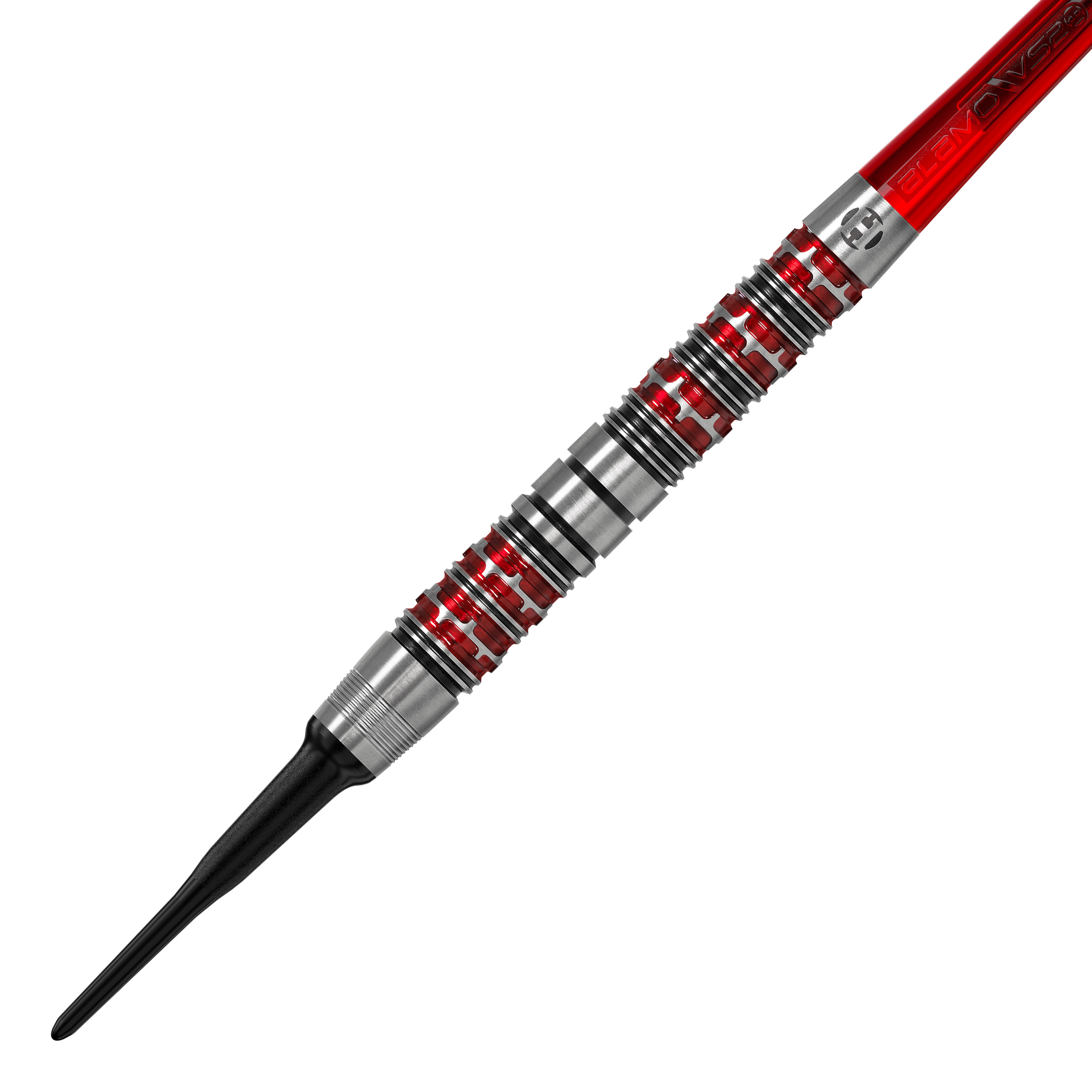 Harrows Damon Heta Series 3 Softdarts Dies ist ein Harrows Damon Heta Series 3 Softdart. Der Dartpfeil hat ein silbernes Griffstück mit roten Akzenten und einer schwarzen Spitze.