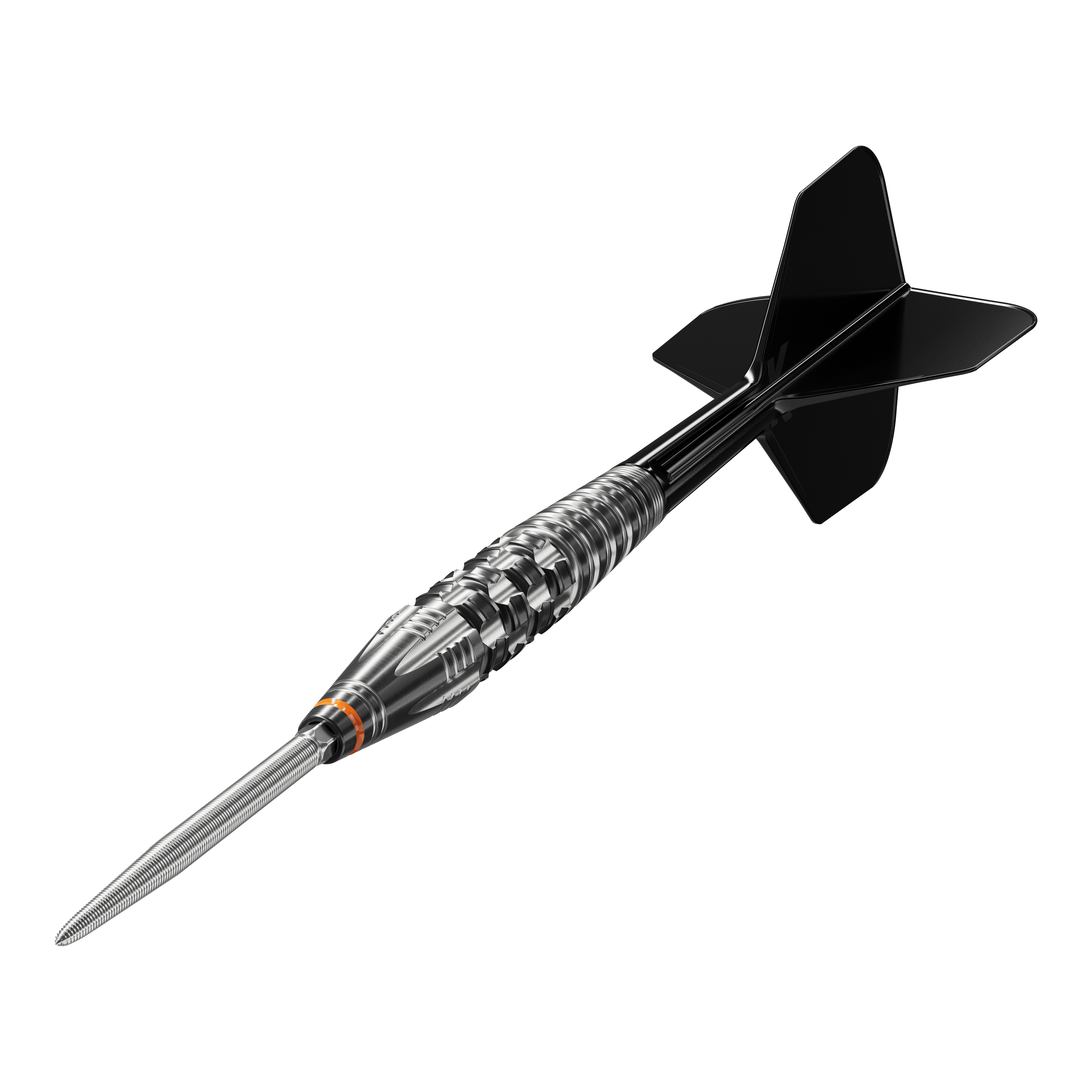 Target Japan Black Marque Dancing Duck GEN 4 Steeldarts Das Bild zeigt einen Steeldartpfeil mit schwarzer Spitze und schwarzen Flights, genannt "Target Japan Black Marque Dancing Duck GEN 4 Steeldarts". Der Dartpfeil hat ein silbernes, glänzendes Griffstück mit feinen Rillen und Gravuren.