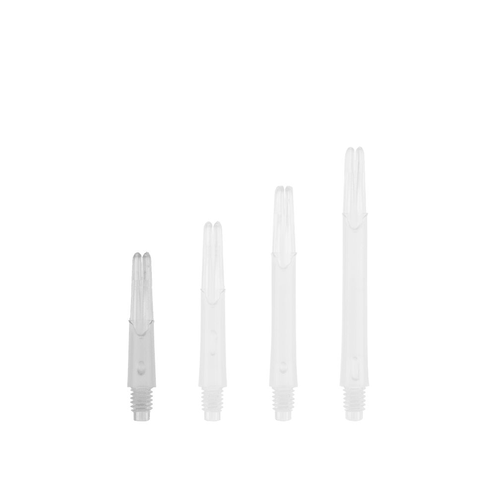 L-Style L-Shafts Locked Straight - Clear 130 Das Bild zeigt vier durchsichtige, gerade Dartschäfte in unterschiedlichen Längen. Sie sind ohne Kappen nebeneinander angeordnet.