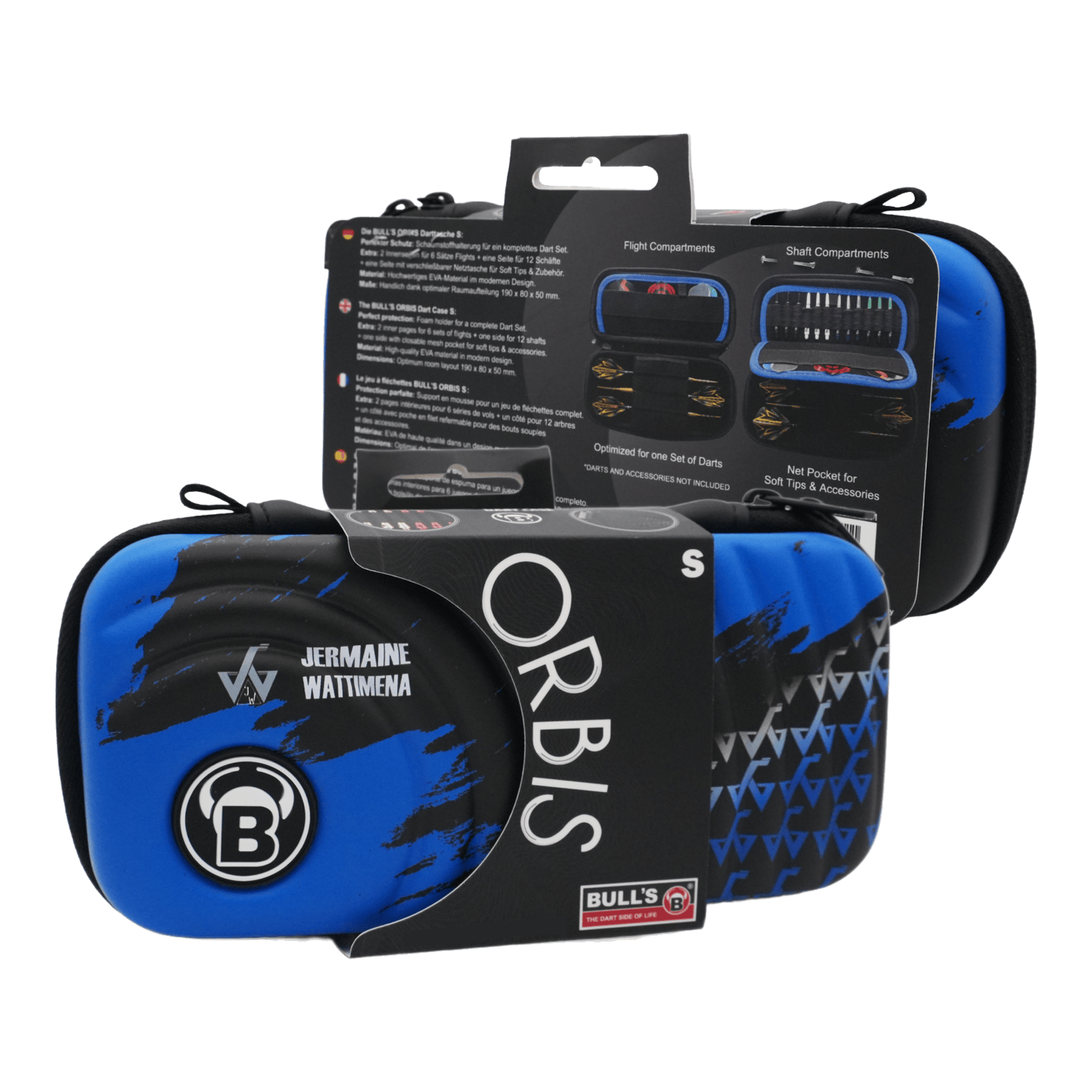 Bulls Orbis S Jermaine Wattimena Dartcase Das Bild zeigt das Produkt "Bulls Orbis S Jermaine Wattimena Dartcase" in blauer und schwarzer Farbe. Die Darttasche ist kompakt und eignet sich zum sicheren Aufbewahren von Dartzubehör.