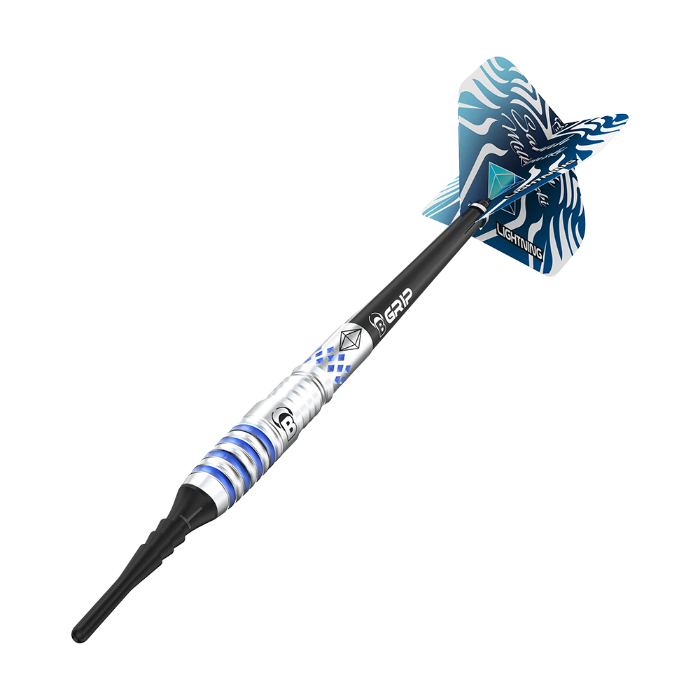 19740_Bulls_Sarah_Milkowski_Softdarts_4 Das Bild zeigt einen Bulls Sarah Milkowski Softdart mit einem Gewicht von 20 Gramm. Der Dart ist silbern mit blauen Akzenten und hat einen auffälligen Flight mit blau-weißem Muster.