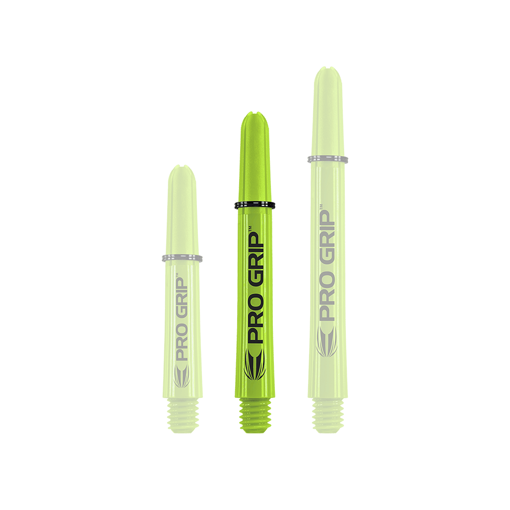 Target Pro Grip Shafts - 3 Sets - Lime Green Auf dem Bild sind drei limegrüne Pro Grip Dartschäfte in unterschiedlichen Längen zu sehen. Sie stehen nebeneinander und tragen alle den Schriftzug "PRO GRIP".
