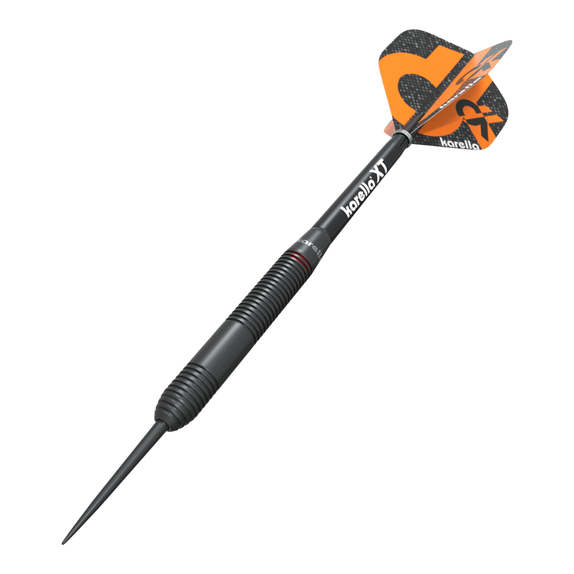 Karella Daniel Klose Steeldarts Das Bild zeigt einen Karella Daniel Klose Steeldart. Der Dartpfeil ist schwarz mit orangem Flights und hat ein modernes Design.