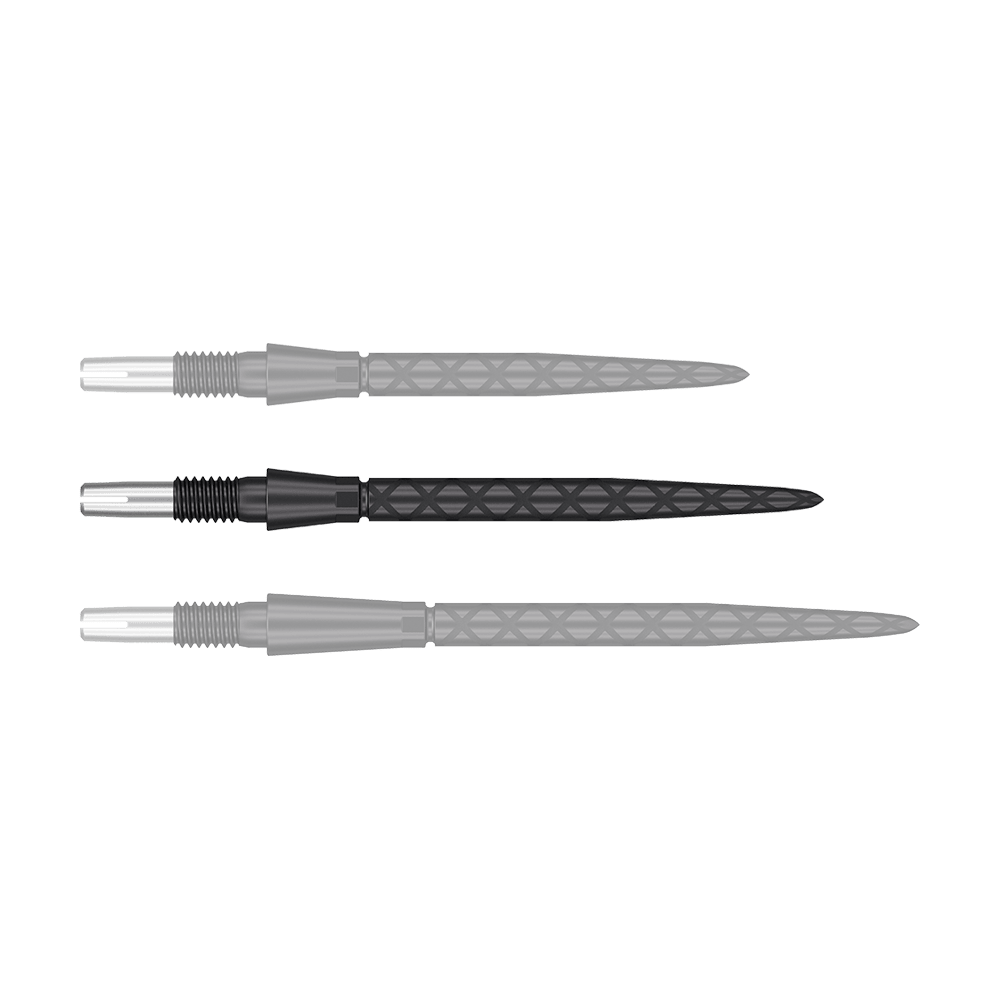 Target Swiss Storm Diamond Point Dartspitzen - Schwarz Das Bild zeigt drei schwarze Dartspitzen mit einem silbernen Ansatz. Die Spitzen haben ein diamantförmiges Muster entlang des Schaftes.