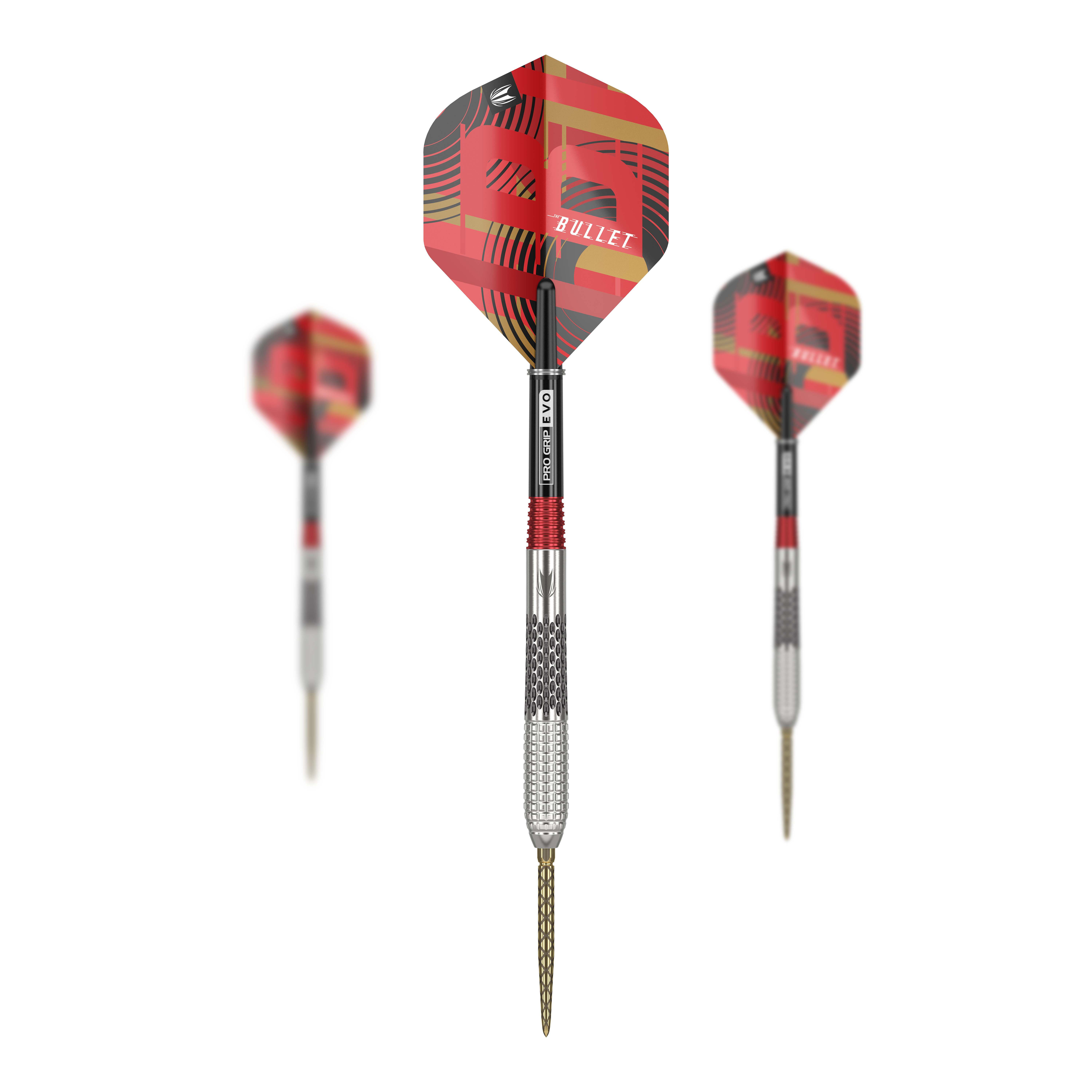 Target Stephen Bunting GEN5 Swiss Point Steeldarts Das Bild zeigt drei moderne Steeldarts mit rot-schwarzen Flights und metallischen Schäften. Der mittlere Dart ist deutlich im Fokus und trägt die Aufschrift "BULLET" auf dem Flight.