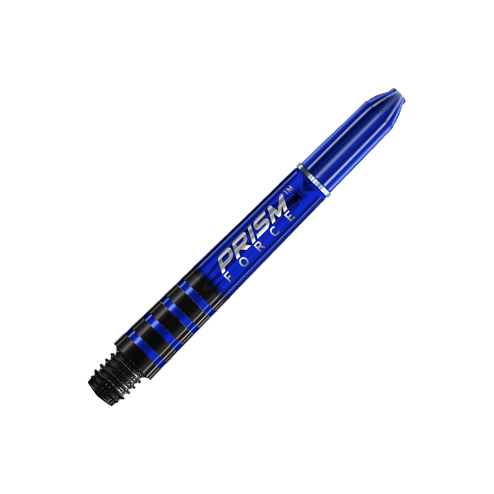 Das Bild zeigt einen blauen Dart-Schaft mit der Aufschrift "PRISM FORCE". Der Hintergrund besteht aus schrägen Linien in verschiedenen Blau- und Grautönen.
