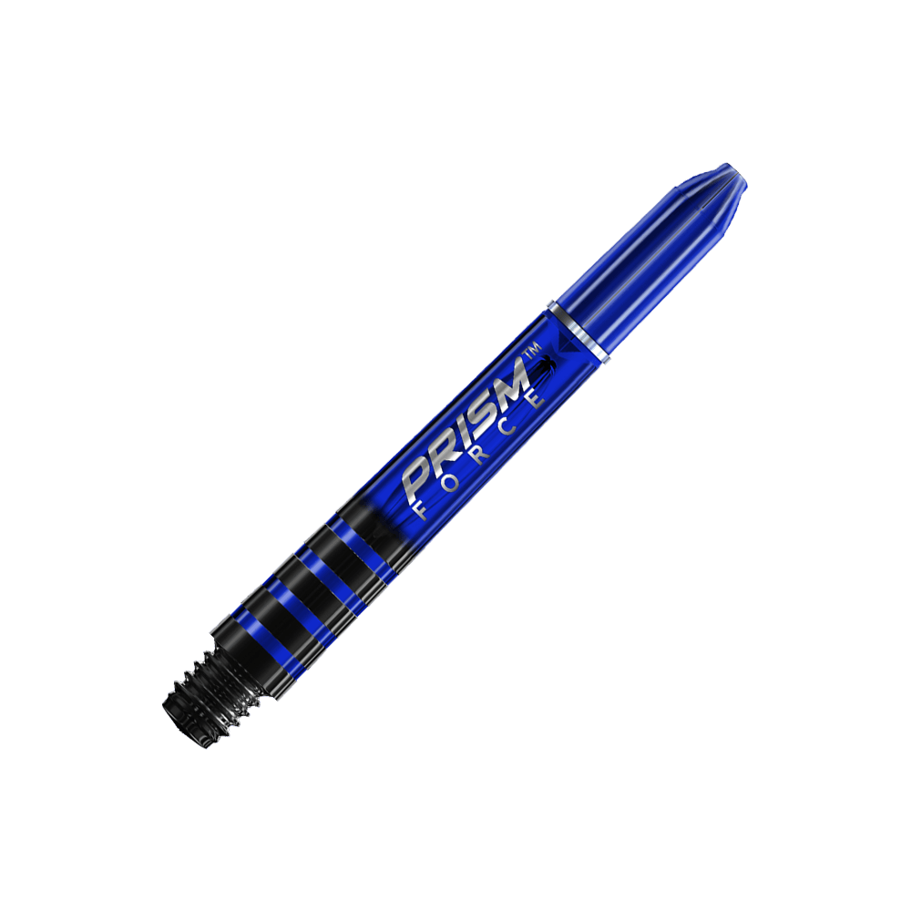 7020-103_Winmau_Prism_Force_Shafts_Blau_35mm_2 Das Bild zeigt einen blauen Dart-Schaft mit der Aufschrift "PRISM FORCE". Der Hintergrund besteht aus schrägen Linien in verschiedenen Blau- und Grautönen.