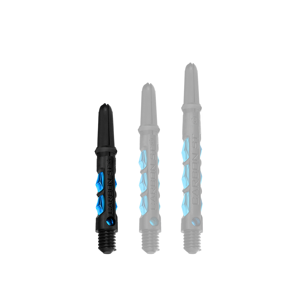 Das Bild zeigt drei Harrows Carbon ST Shafts in der Farbe Aqua. Die Schäfte sind schwarz mit blauen Akzenten und in verschiedenen Längen dargestellt.