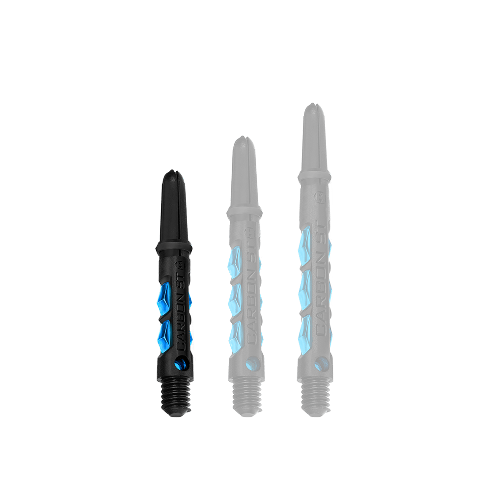 HR410_Harrows_Carbon_ST_Shafts_Aqua_33mm_1QFdiGoRDwdmTR Das Bild zeigt drei Harrows Carbon ST Shafts in der Farbe Aqua. Die Schäfte sind schwarz mit blauen Akzenten und in verschiedenen Längen dargestellt.