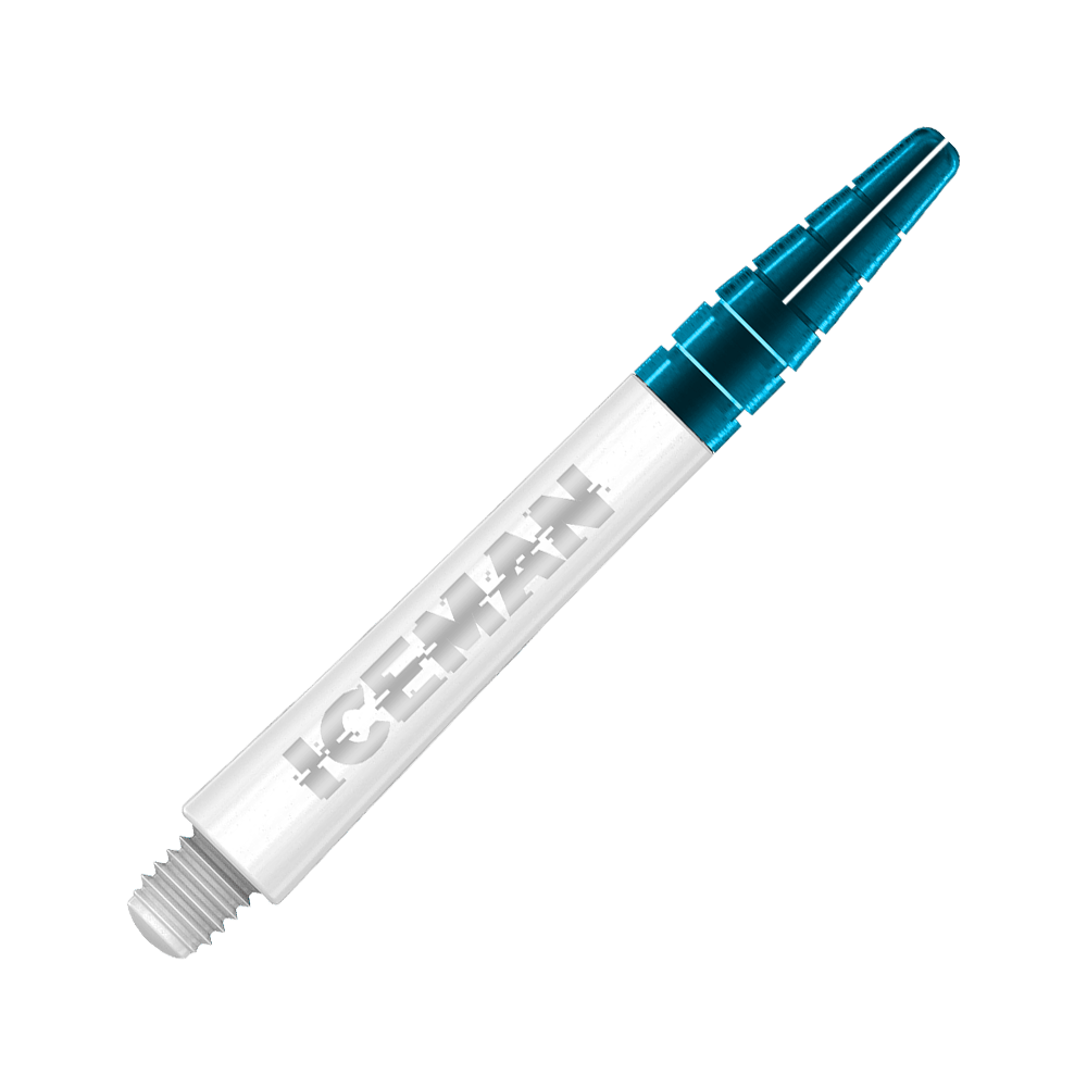 Das Bild zeigt einen weißen Dart-Schaft mit dem Schriftzug "ICEMAN" darauf. Das obere Ende des Schafts ist blau-transparent.