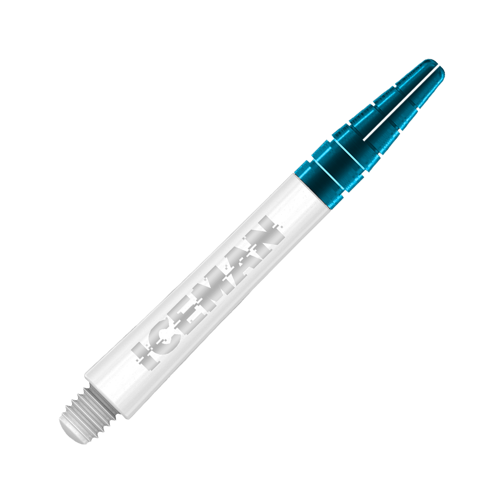 C635_Red_Dragon_Nitrotech_Gerwyn_Price_Shafts_White_42mm_2 Das Bild zeigt einen weißen Dart-Schaft mit dem Schriftzug "ICEMAN" darauf. Das obere Ende des Schafts ist blau-transparent.