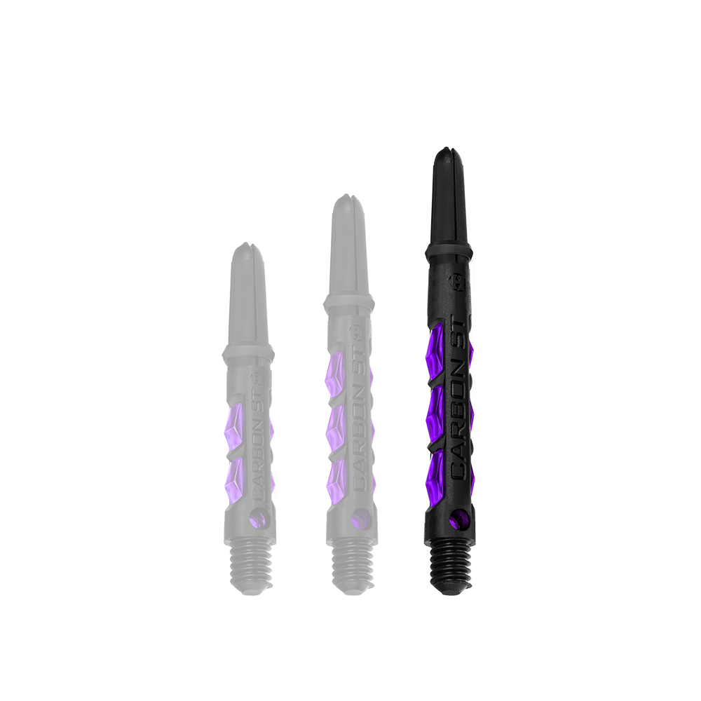 Das Bild zeigt drei Dartschäfte des Modells "Harrows Carbon ST Shafts - Lila" in verschiedenen Längen. Die Schäfte sind schwarz mit auffälligen lila Akzenten gestaltet.