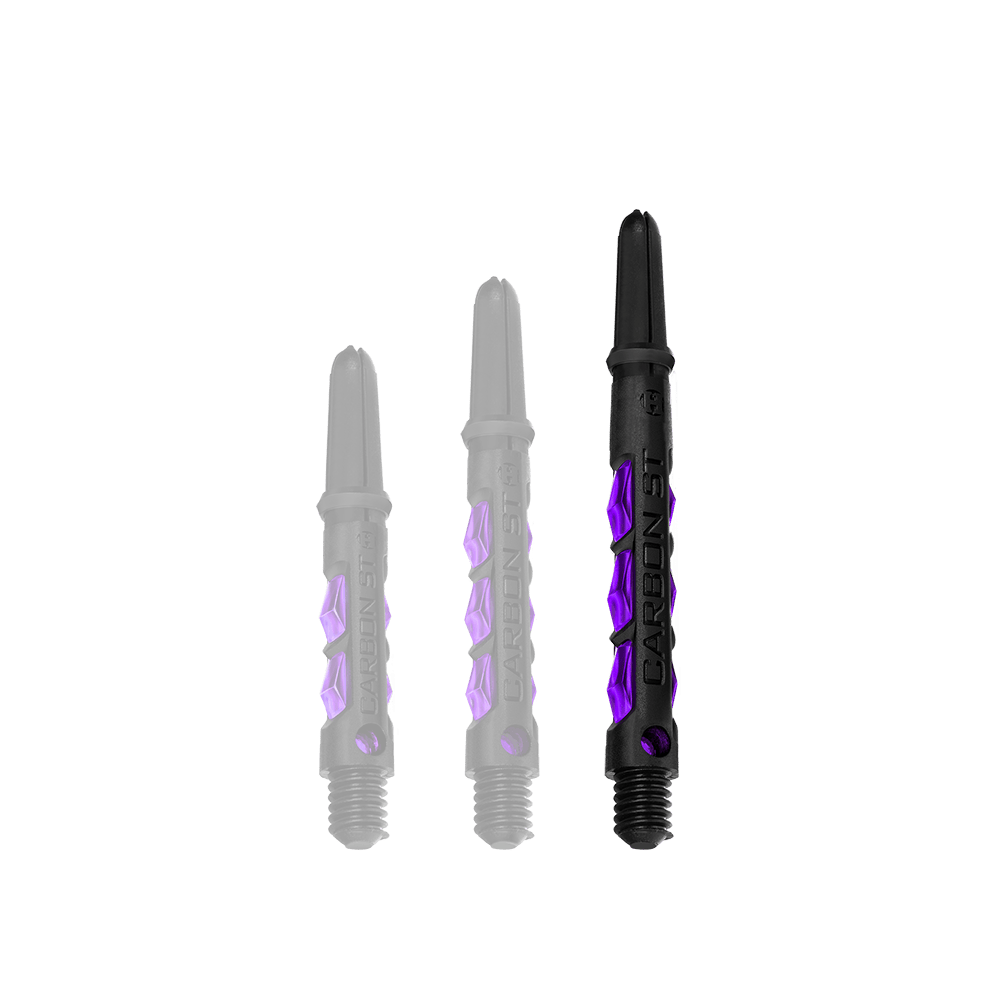 HR427_Harrows_Carbon_ST_Shafts_Lila_47mm_1fKZm06IDEpla7 Das Bild zeigt drei Dartschäfte des Modells "Harrows Carbon ST Shafts - Lila" in verschiedenen Längen. Die Schäfte sind schwarz mit auffälligen lila Akzenten gestaltet.