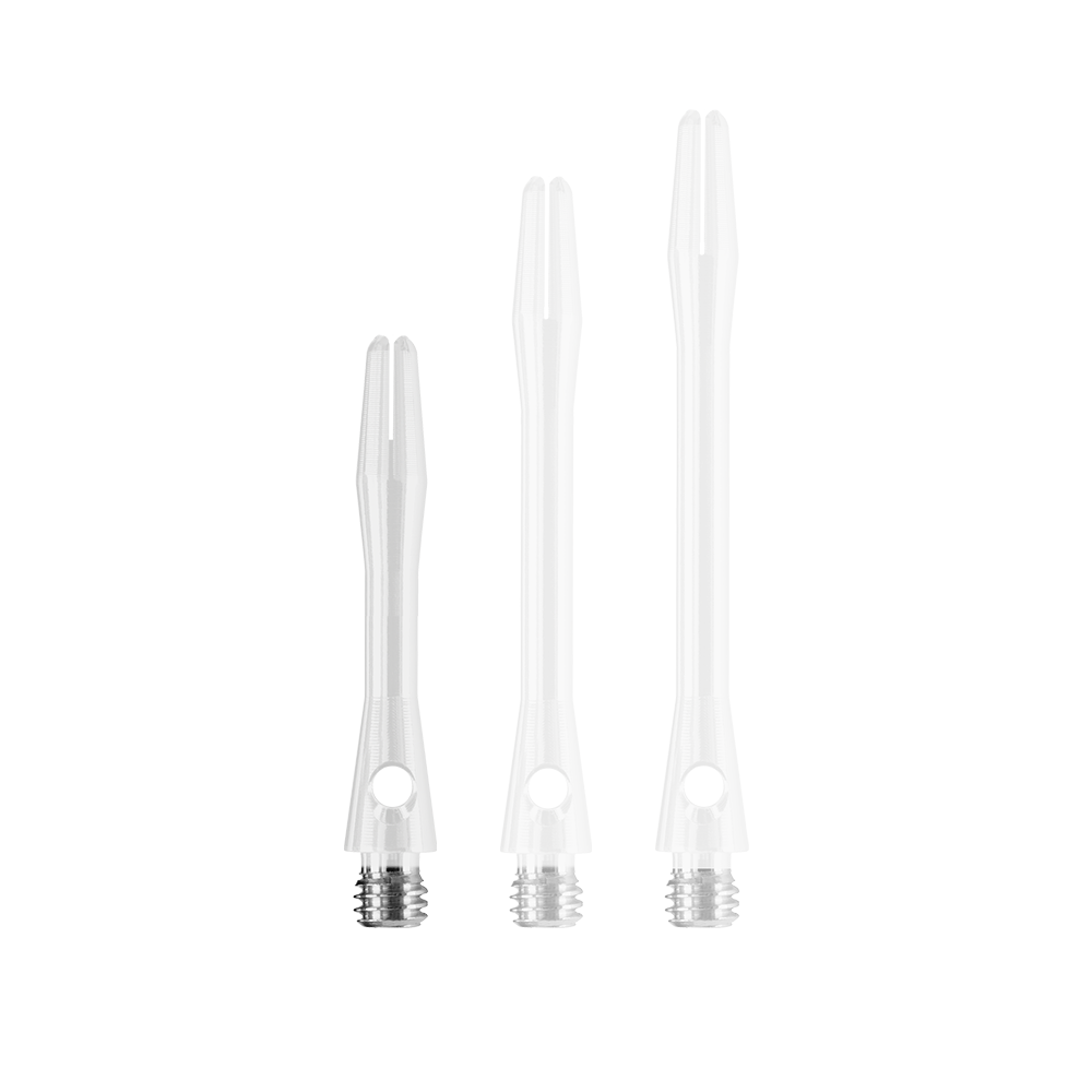 Das Bild zeigt drei weiße Harrows Keramic Shafts in unterschiedlichen Längen. Sie haben jeweils ein silbernes Gewinde am unteren Ende.