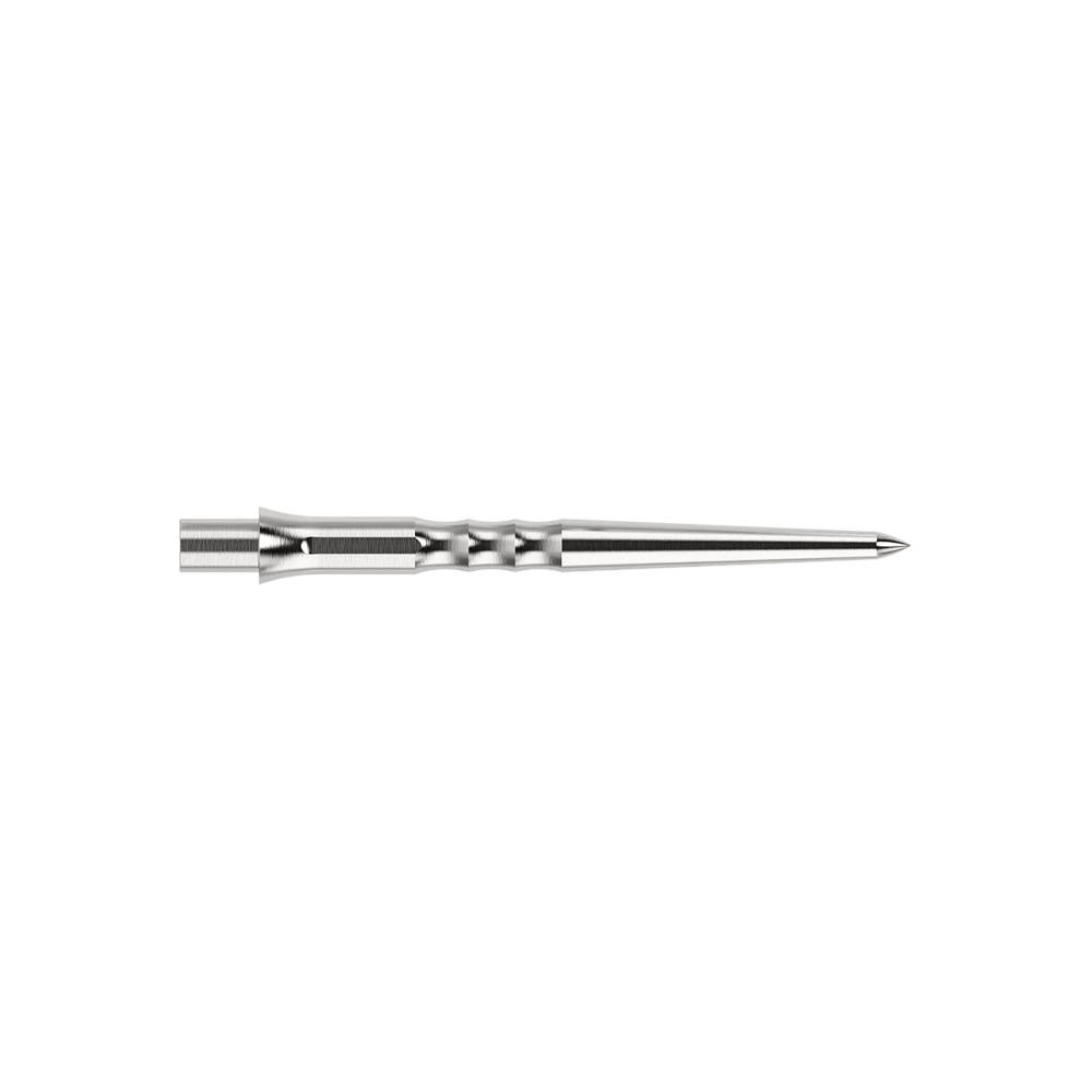 Das Bild zeigt eine silberne Caliburn Evo System Steeldartspitze Ripple NoLip, 28 mm lang. Die Spitze ist einzeln abgebildet.