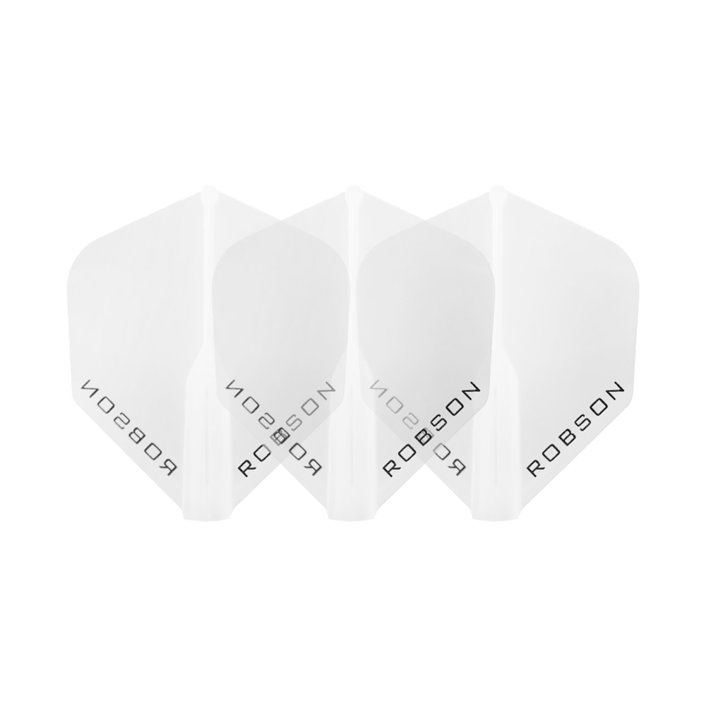 Das Bild zeigt drei klare Dart-Flights der Marke Robson. Die Flights sind nebeneinander angeordnet und tragen den Schriftzug "ROBSON".