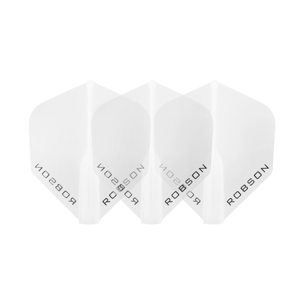 Robson Plus Standard Flights Das Bild zeigt drei klare Dart-Flights der Marke Robson. Die Flights sind nebeneinander angeordnet und tragen den Schriftzug "ROBSON".