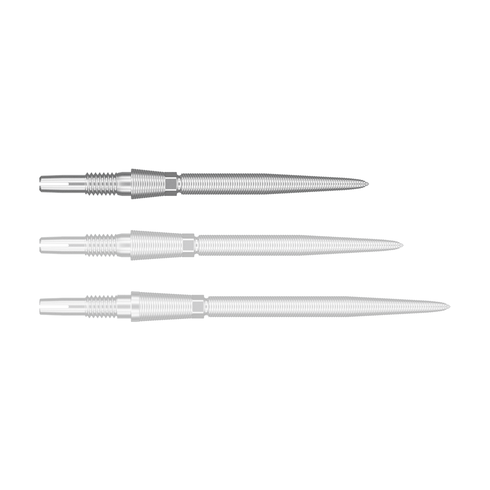 340080_Target_Swiss_Storm_Nano_Point_Dartspitzen_Silber_26mm_1 Auf dem Bild sind drei silberne Dartspitzen zu sehen, die nebeneinander liegen. Sie haben ein geriffeltes Muster und sind schmal und spitz zulaufend.