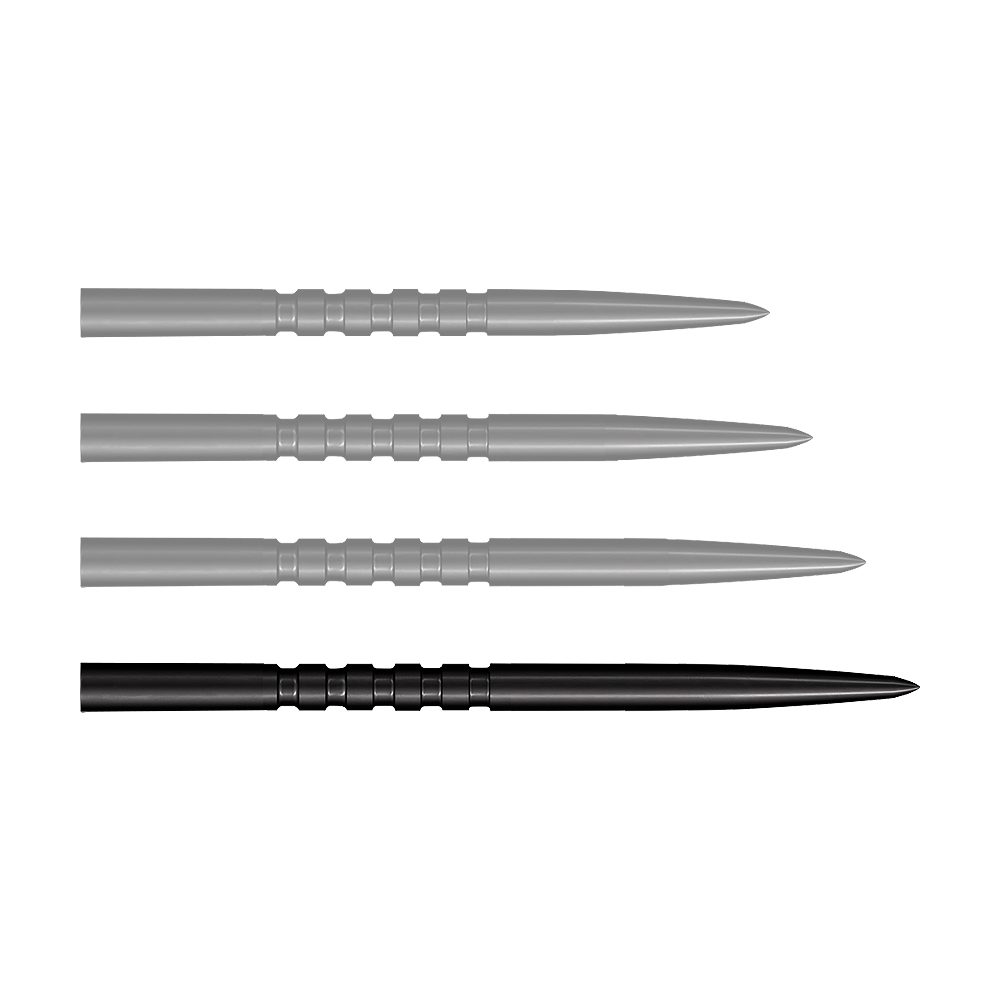 Ein Bild zeigt ein Produkt mit dem Namen SM3823_Shot_Grip_Point_Steeldartspitzen_Schwarz_45mm_1. Das Produkt ist wahrscheinlich eine Dartspitze in schwarzer Farbe.
