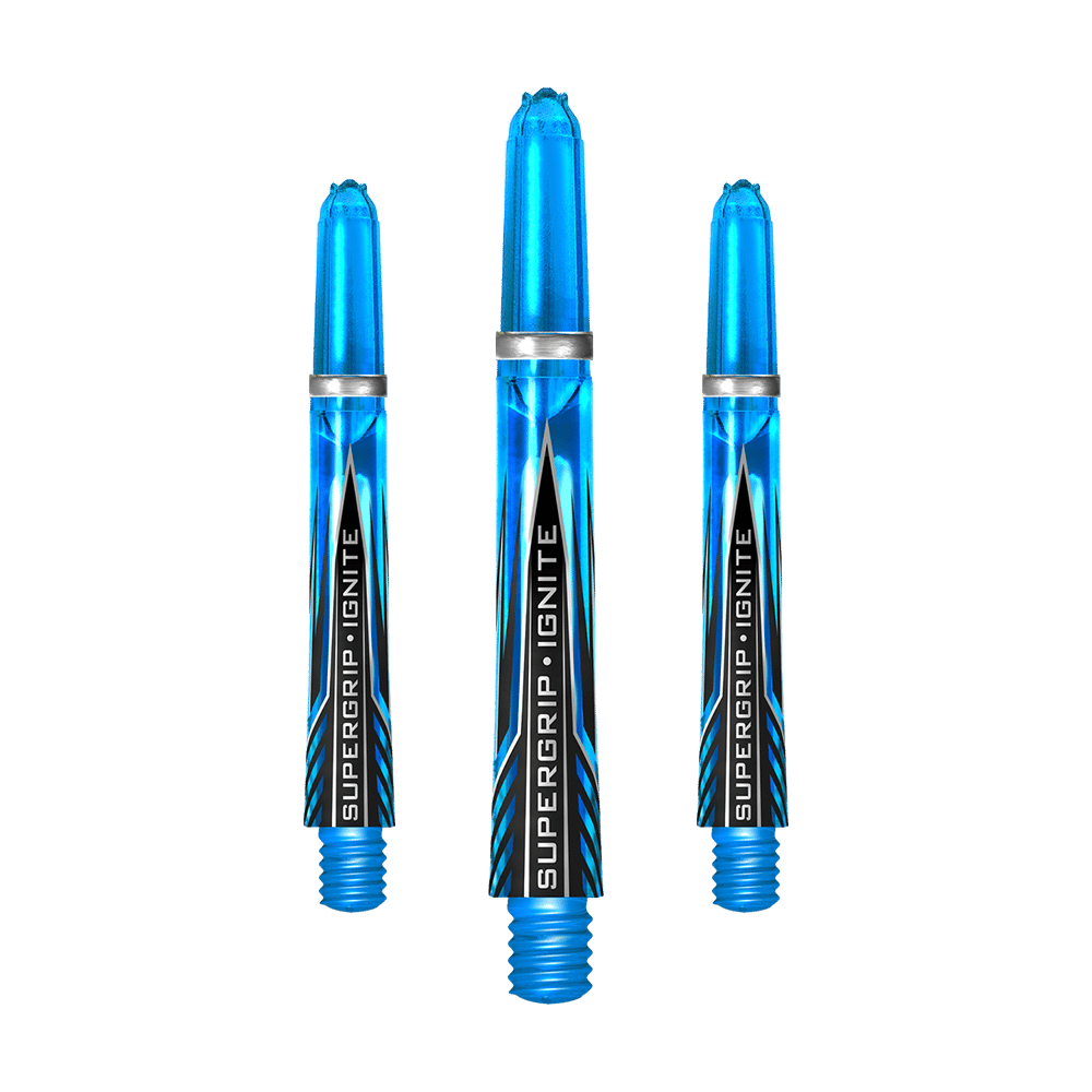Das Bild zeigt drei blaue Harrows Supergrip Ignite Shafts in der Farbe Aqua. Die Schrift "SUPERGRIP IGNITE" ist auf jedem Schaft zu sehen.
