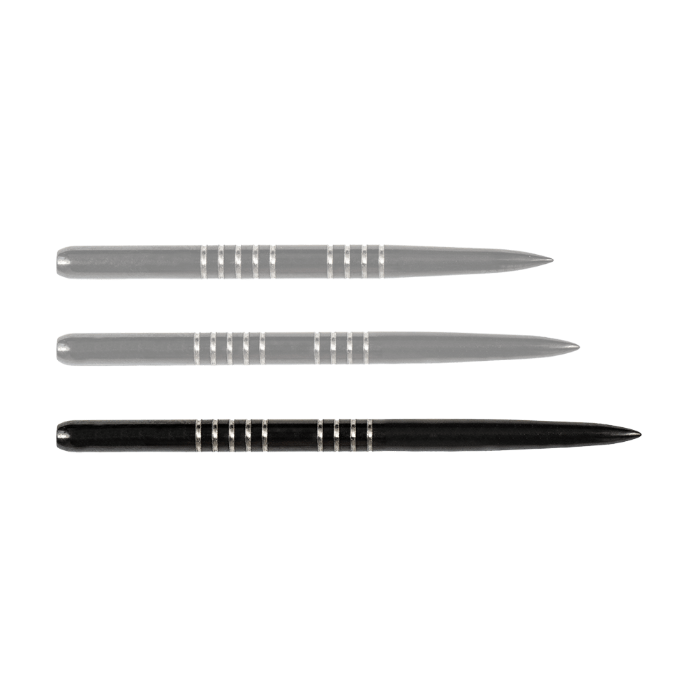 57743_Bulls_GP1_Steeldartspitzen_Schwarz_42mm_1nQbPgGPWZxieR Das Bild zeigt drei schwarze Steeldartspitzen des Modells "Bulls GP1". Die Spitzen haben silberne Rillen zur besseren Griffigkeit.