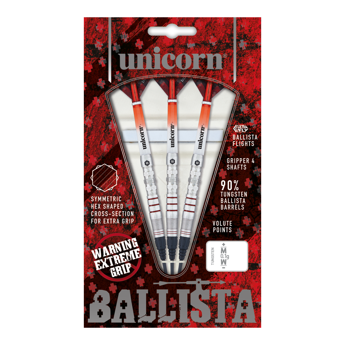 Das Bild zeigt eine Packung "Unicorn Ballista Style 3 Softdarts" mit drei Dartpfeilen. Die Verpackung hebt das symmetrische Hex-Muster für zusätzlichen Grip und 90% Tungsten-Barrels hervor.
