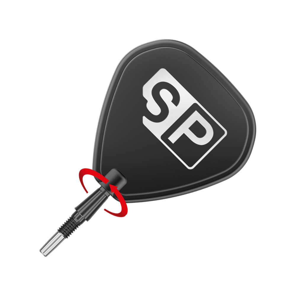Target Swiss Point Storm Surge Steeldartspitzen - Schwarz Das Bild zeigt eine schwarze Steeldartspitze mit dem weißen Aufdruck "SP". Eine rote Pfeilmarkierung deutet darauf hin, dass die Spitze gedreht oder geschraubt werden kann.