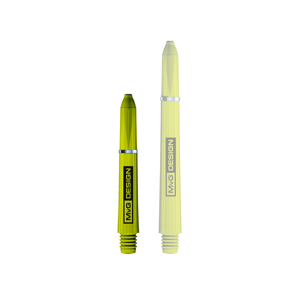 Auf dem Bild sind zwei Winmau Nylon Ring Grip MvG Design Shafts abgebildet. Sie sind gelb-grün und tragen eine schwarze Aufschrift mit dem Text "MvG DESIGN".