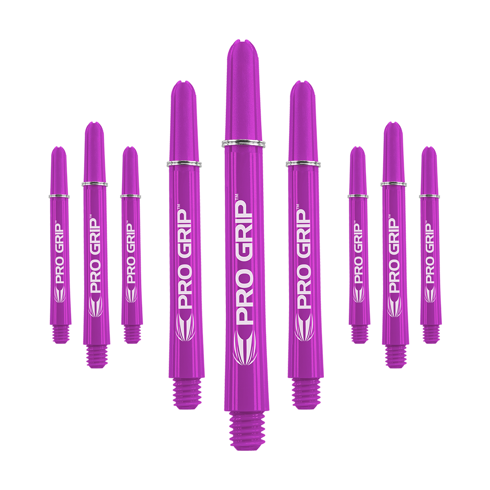 Target Pro Grip Shafts - 3 Sets - Lila Das Bild zeigt neun lila Dartschäfte der Marke "Pro Grip". Sie sind in drei Gruppen angeordnet, jeweils drei in der Mitte, links und rechts.