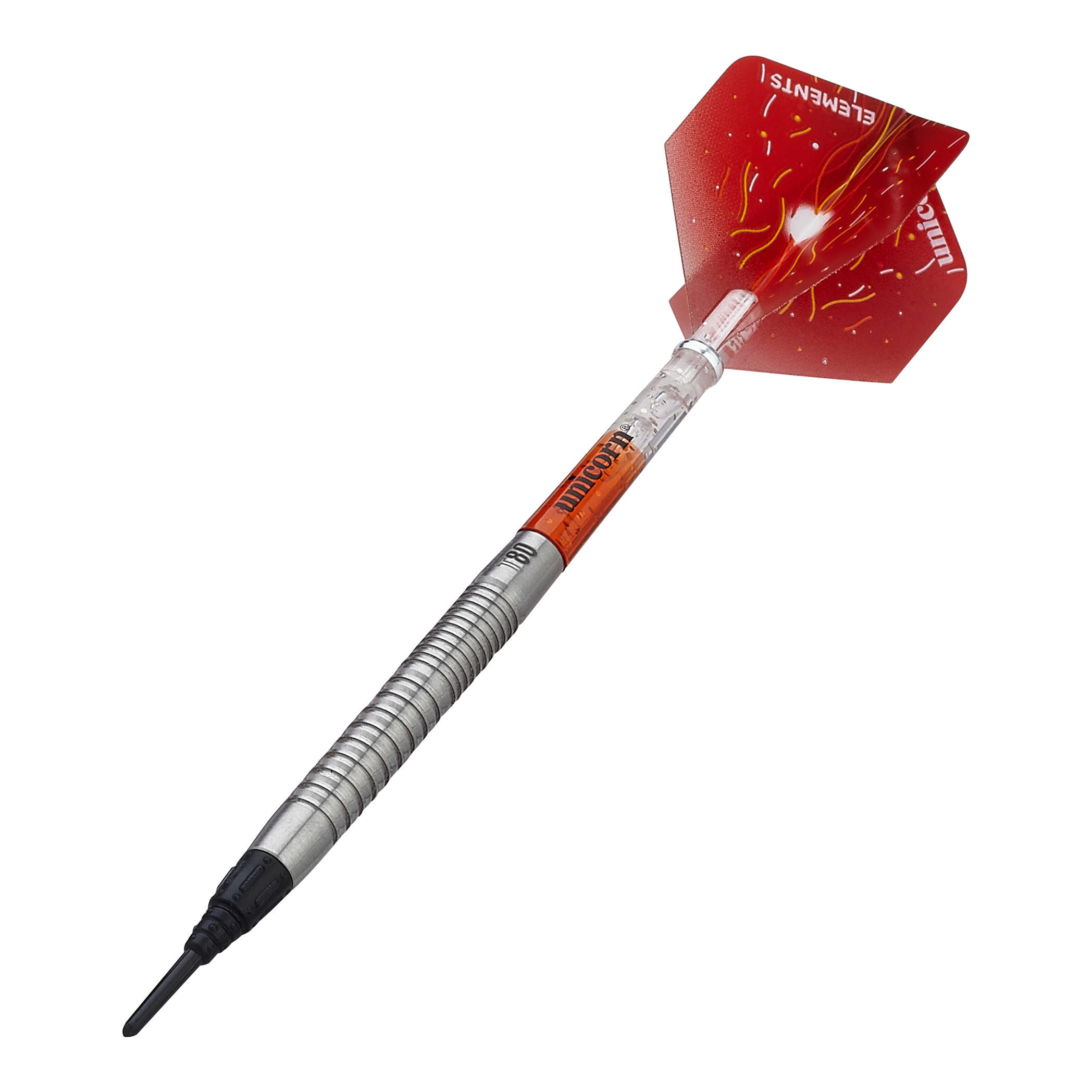 Unicorn Core XL Striker Style 1 Softdarts - 19g Das Bild zeigt einen Unicorn Core XL Striker Style 1 Softdart mit 19g Gewicht. Der Dart hat eine silberne, geriffelte Spitze und rote Flights mit einem auffälligen Design.
