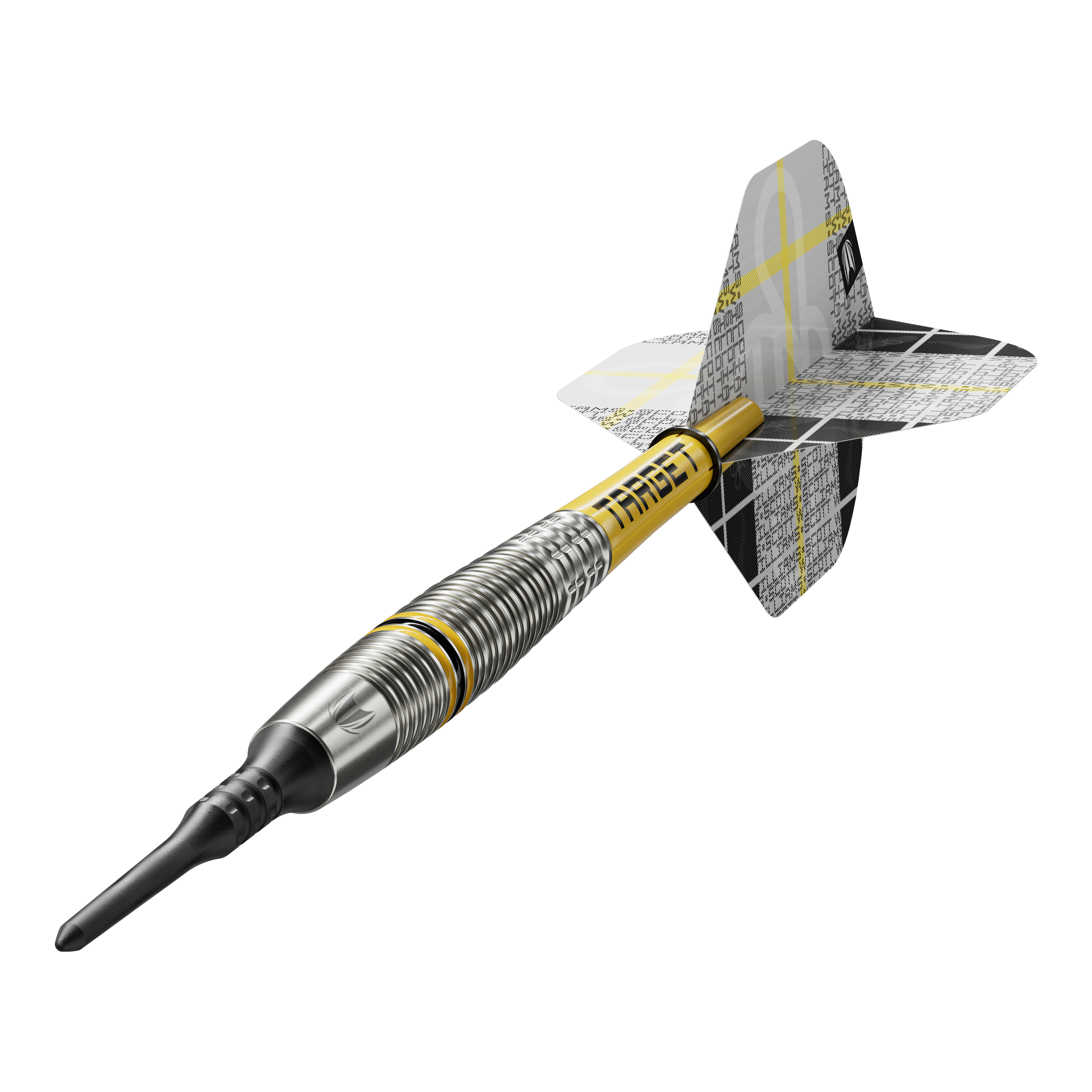 Target Scott Williams GEN2 Softdarts - 18g Das Bild zeigt einen Target Scott Williams GEN2 Softdart mit einem Gewicht von 18 Gramm. Der Dart hat ein silbernes Barrel mit gelben Akzenten und einen schwarz-gelben Flight.