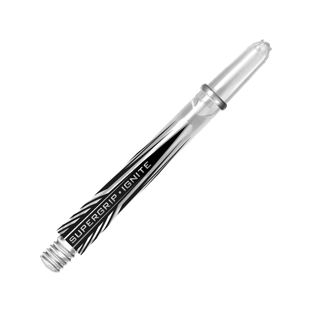 Das Bild zeigt einen klaren Harrows Supergrip Ignite Dart-Schaft. Auf dem Schaft ist der Schriftzug "SUPERGRIP IGNITE" zu sehen.