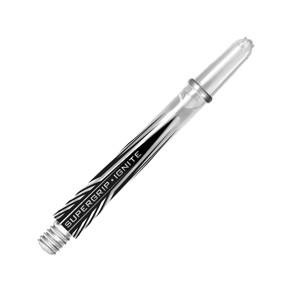 HR394_Harrows_Supergrip_Ignite_Shafts_Clear_47mm_2 Das Bild zeigt einen klaren Harrows Supergrip Ignite Dart-Schaft. Auf dem Schaft ist der Schriftzug "SUPERGRIP IGNITE" zu sehen.
