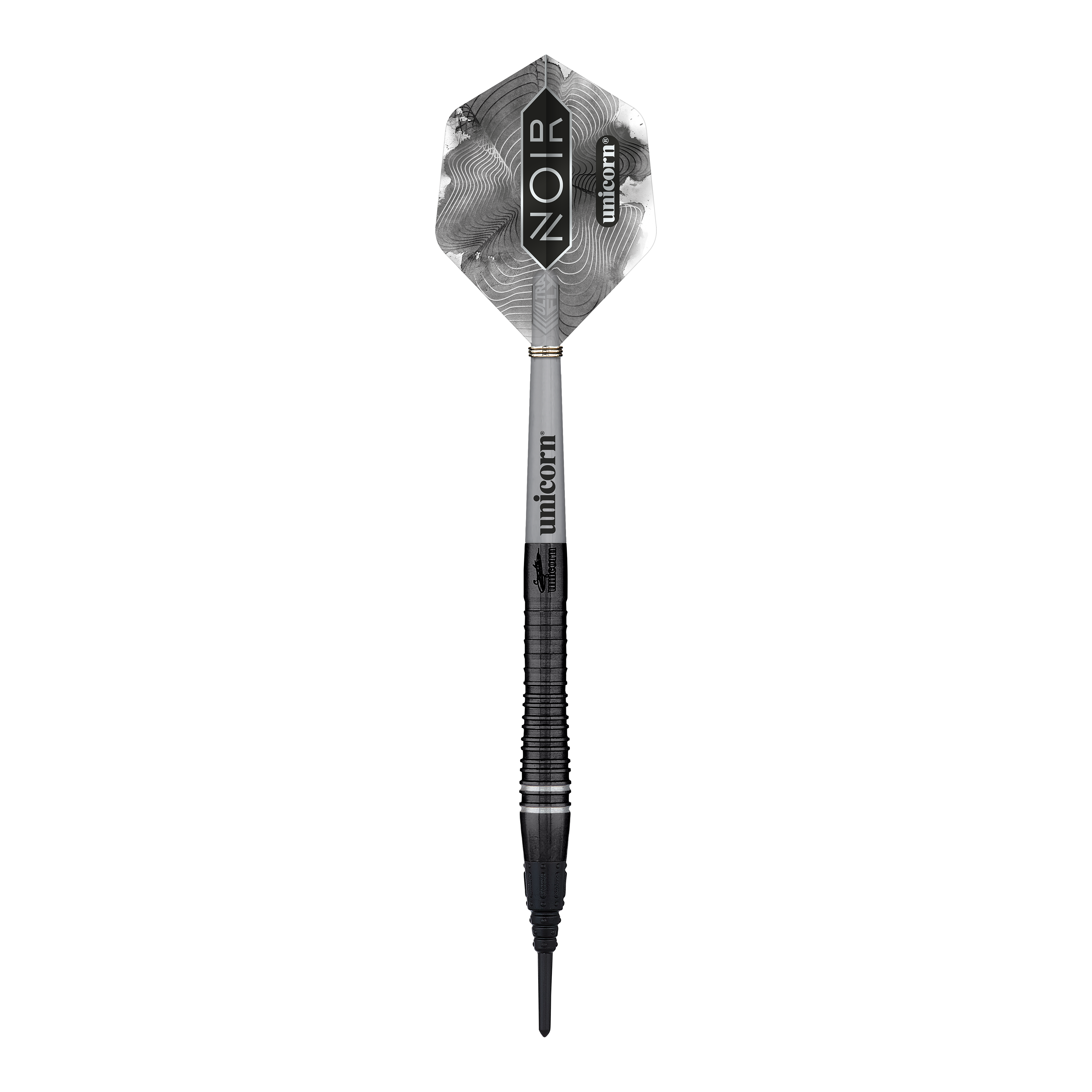 Das Bild zeigt einen Softdart aus der Produktreihe "Unicorn World Champion Gary Anderson Noir Phase 6". Der Dart hat ein schwarzes, elegantes Design mit der Aufschrift "Noir" und "Unicorn" auf dem Flight.