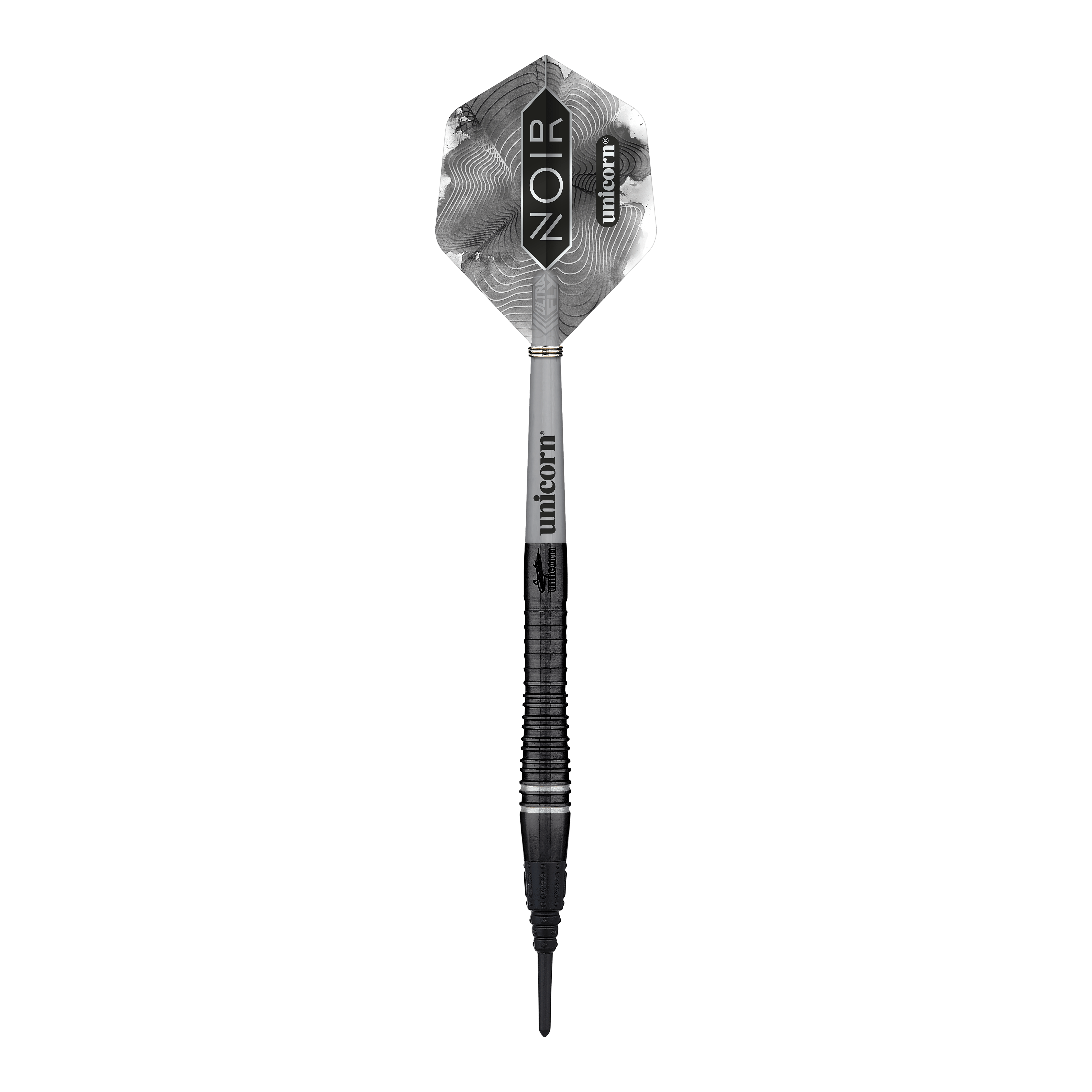 Unicorn World Champion Gary Anderson Noir Phase 6 Softdarts Das Bild zeigt einen Softdart aus der Produktreihe "Unicorn World Champion Gary Anderson Noir Phase 6". Der Dart hat ein schwarzes, elegantes Design mit der Aufschrift "Noir" und "Unicorn" auf dem Flight.