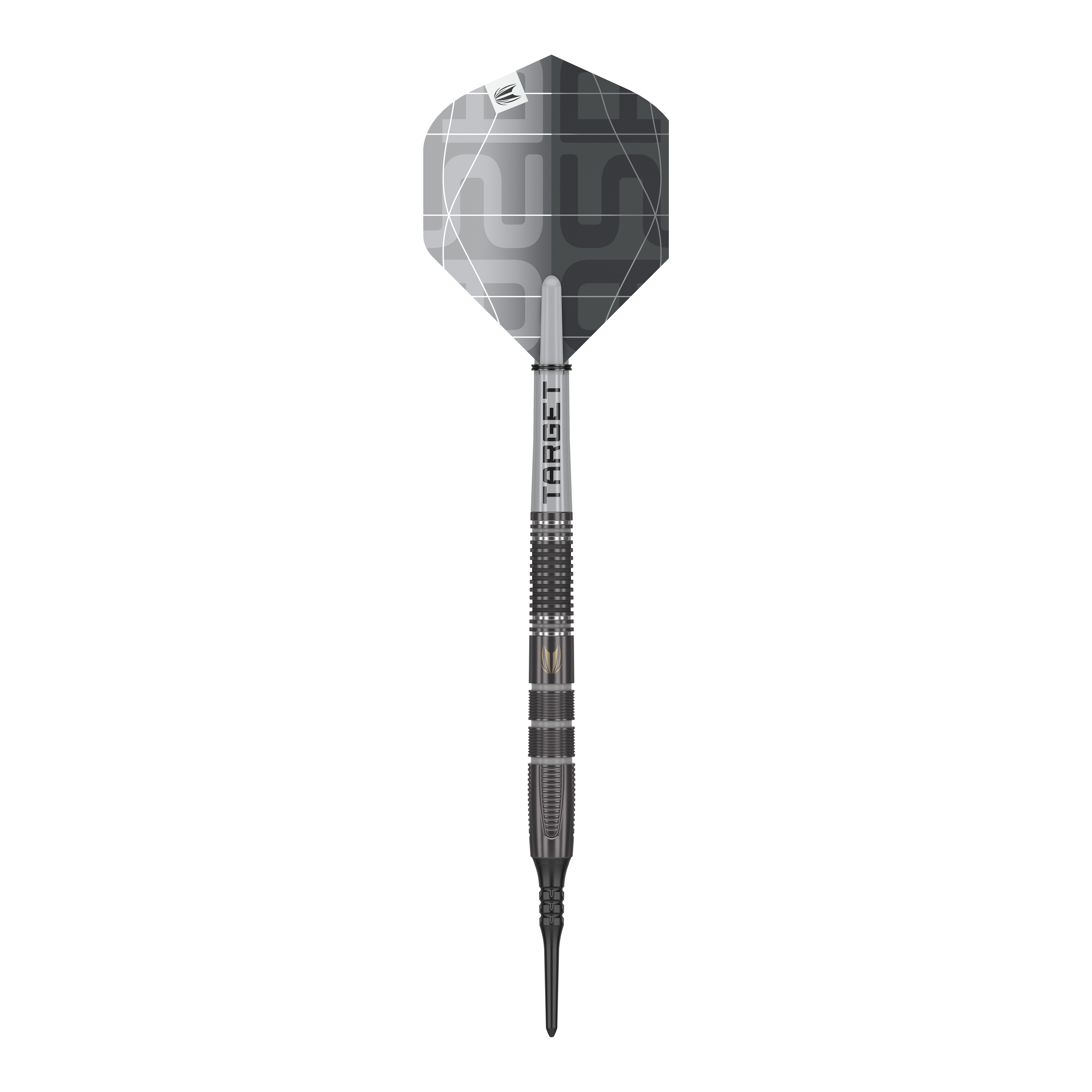 Das Bild zeigt einen Target Nathan Aspinall X Echo Softdart mit einem Gewicht von 18g. Der Dartpfeil ist überwiegend in Silber und Schwarz gehalten und hat eine moderne, geometrische Flugfeder.