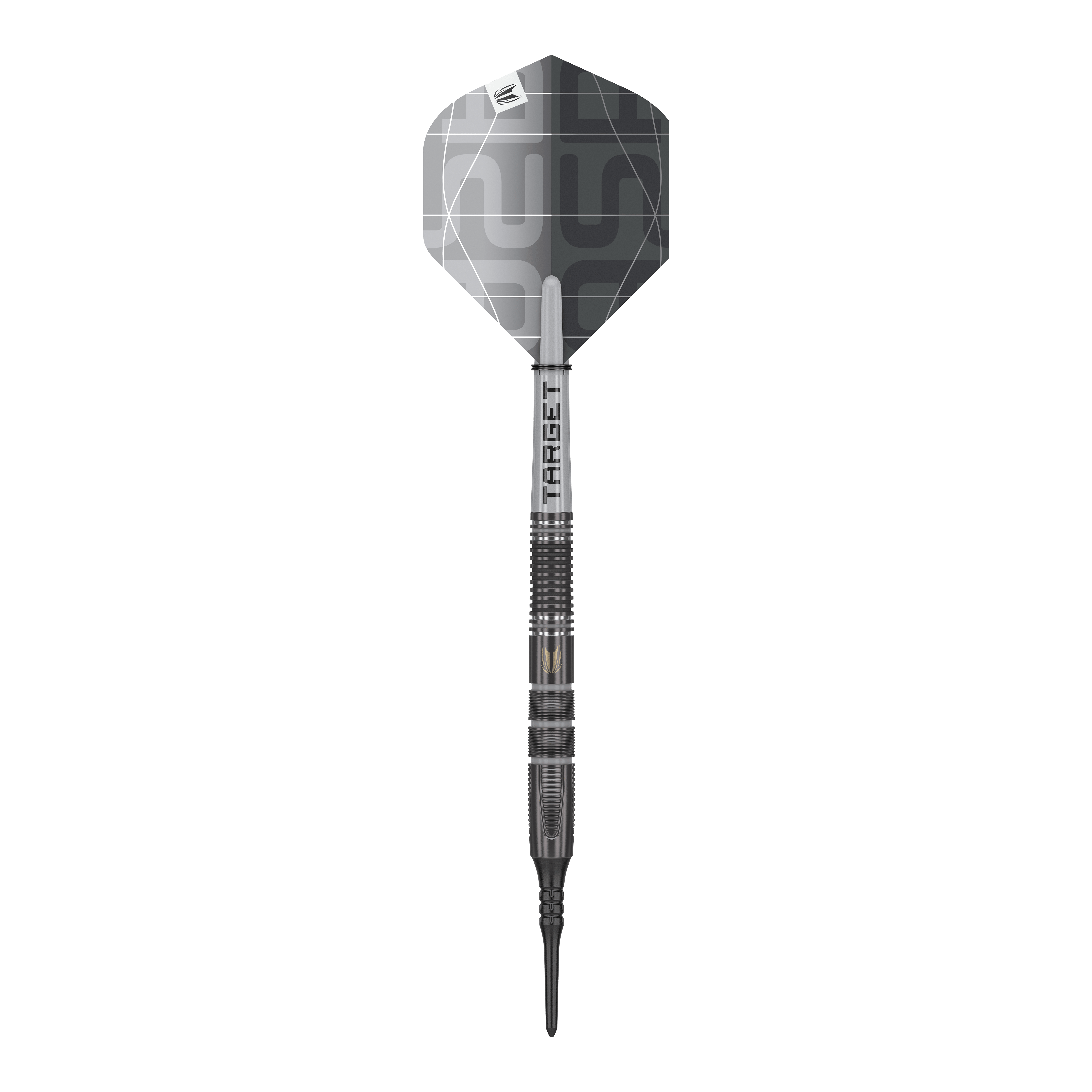 Target Nathan Aspinall X Echo Softdarts - 18g Das Bild zeigt einen Target Nathan Aspinall X Echo Softdart mit einem Gewicht von 18g. Der Dartpfeil ist überwiegend in Silber und Schwarz gehalten und hat eine moderne, geometrische Flugfeder.